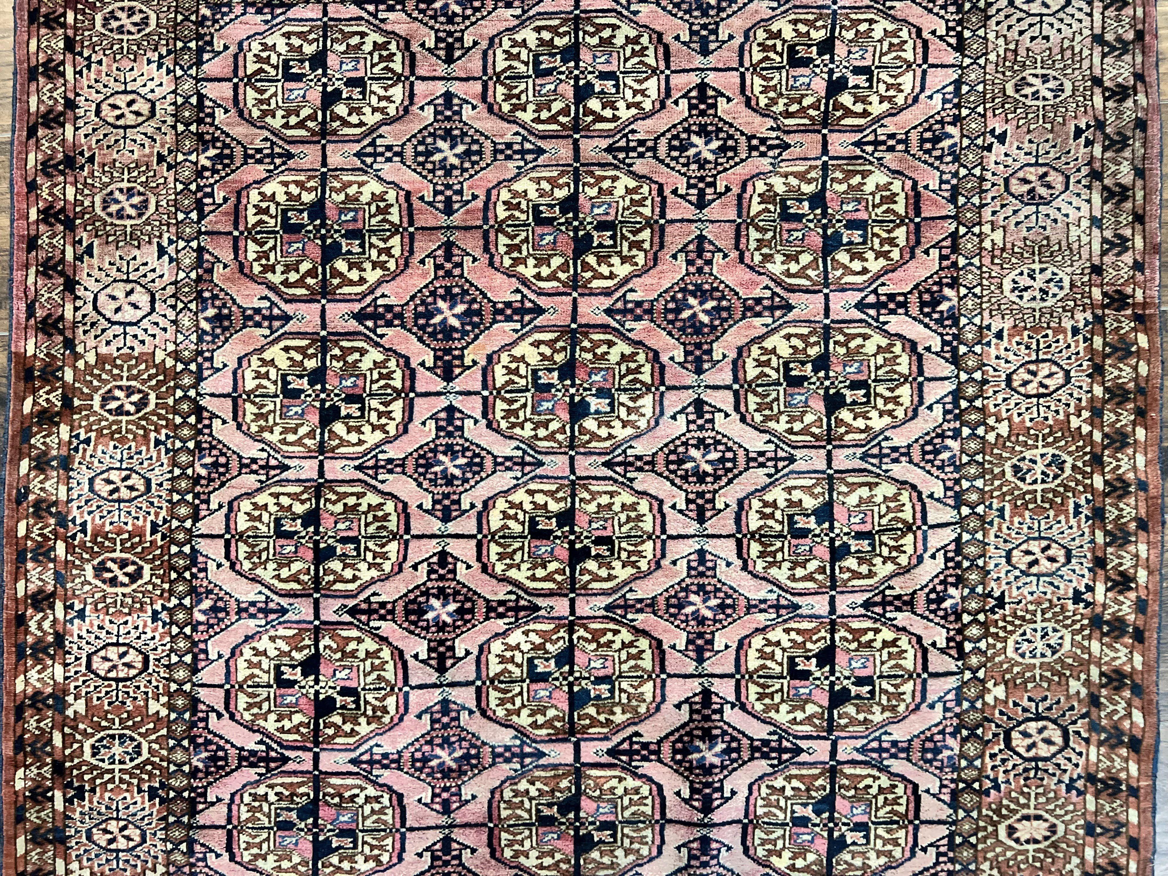Persian Turkoman Rug 4x6, Wool Hand Knotted Antique Bokhara Carpet, Red Pink, Handmade Tribal Oriental Rug 4 x 6 ft - Image 4