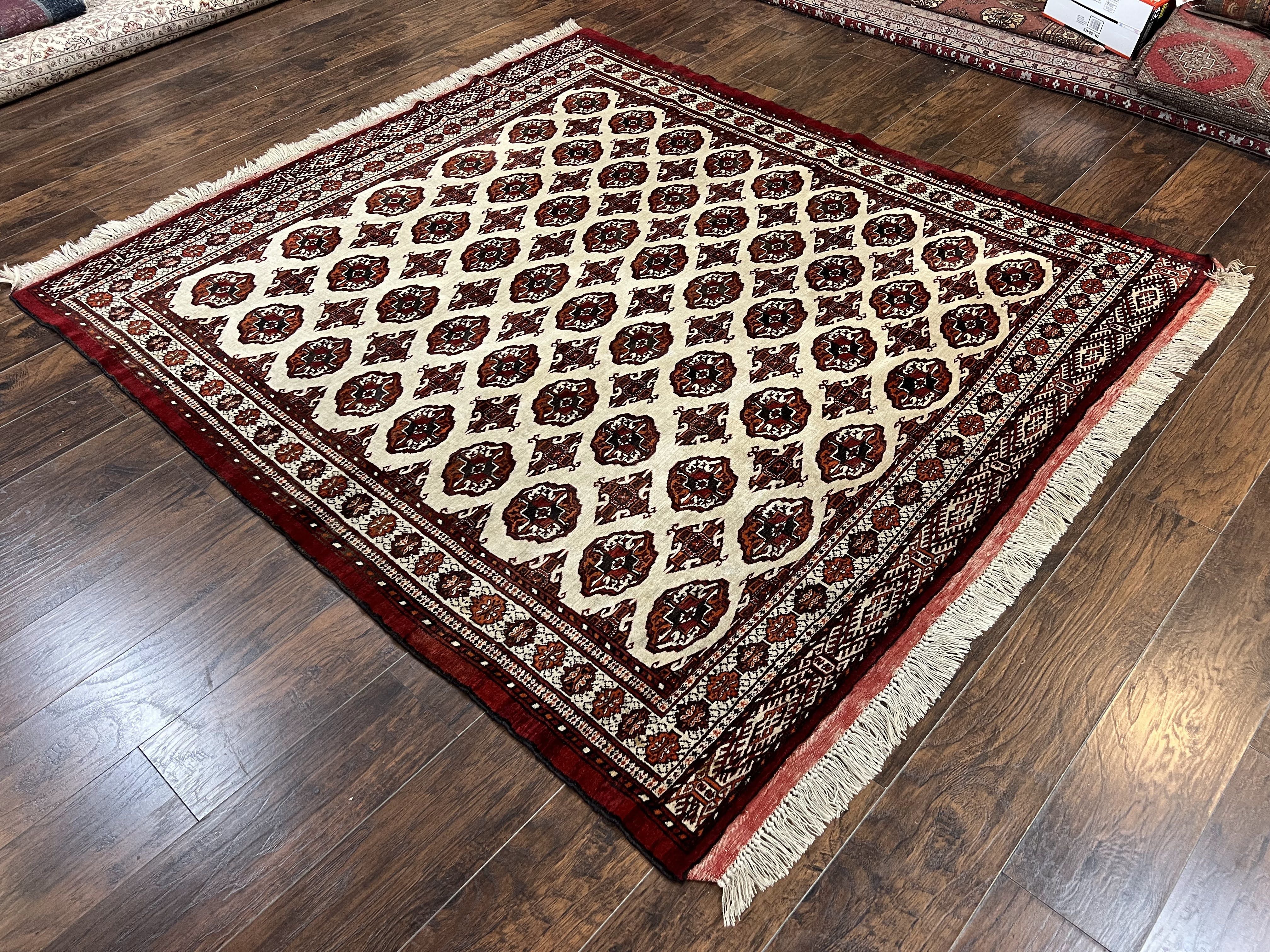 Persian Turkoman Rug 7x8, Almost Square Rare, Hand Knotted, Yamud, Bohemian Rug, Handmade Tribal Rug, Cream Red, Handmade Oriental Carpet - Image 13