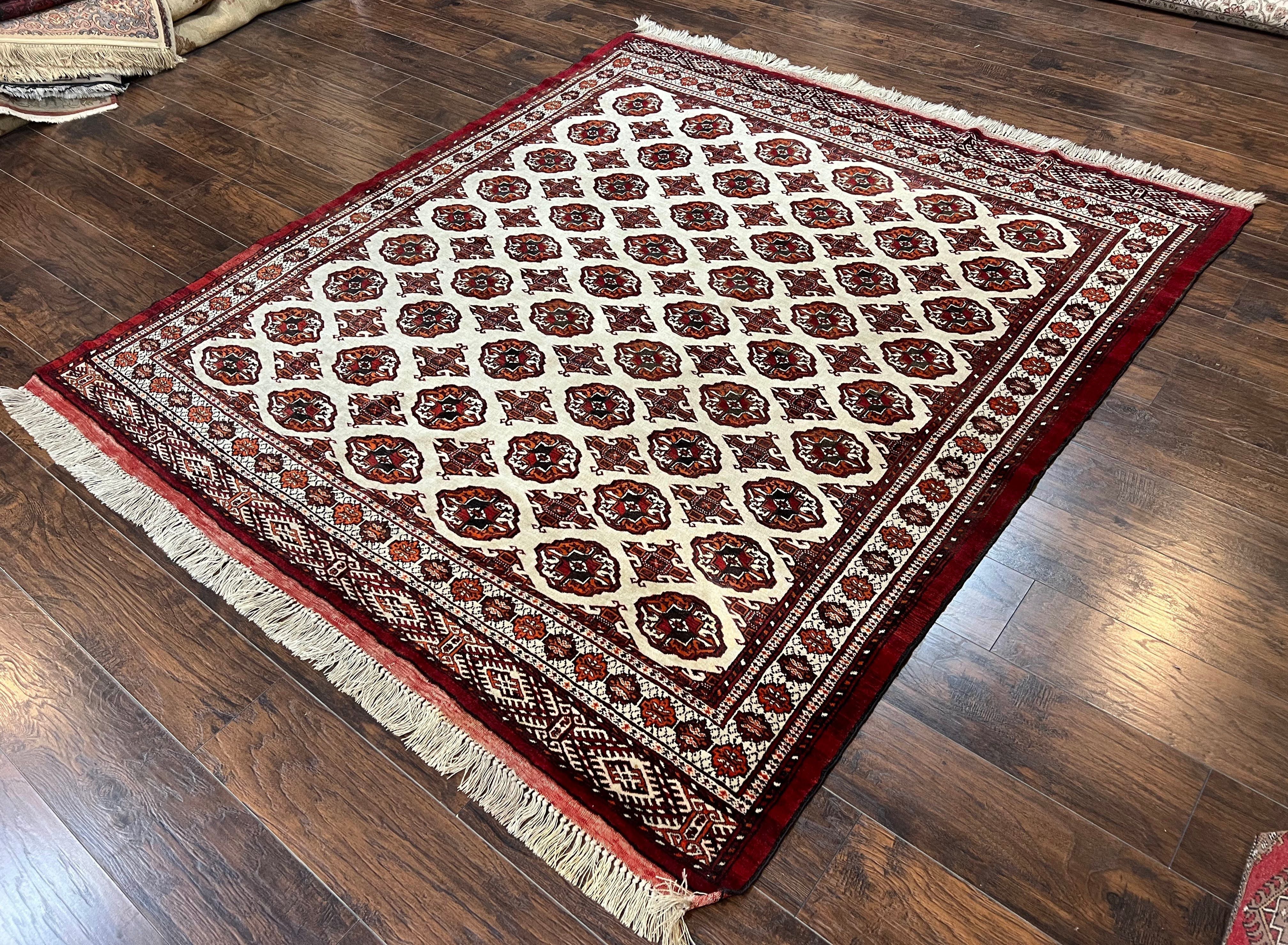 Persian Turkoman Rug 7x8, Almost Square Rare, Hand Knotted, Yamud, Bohemian Rug, Handmade Tribal Rug, Cream Red, Handmade Oriental Carpet - Image 3