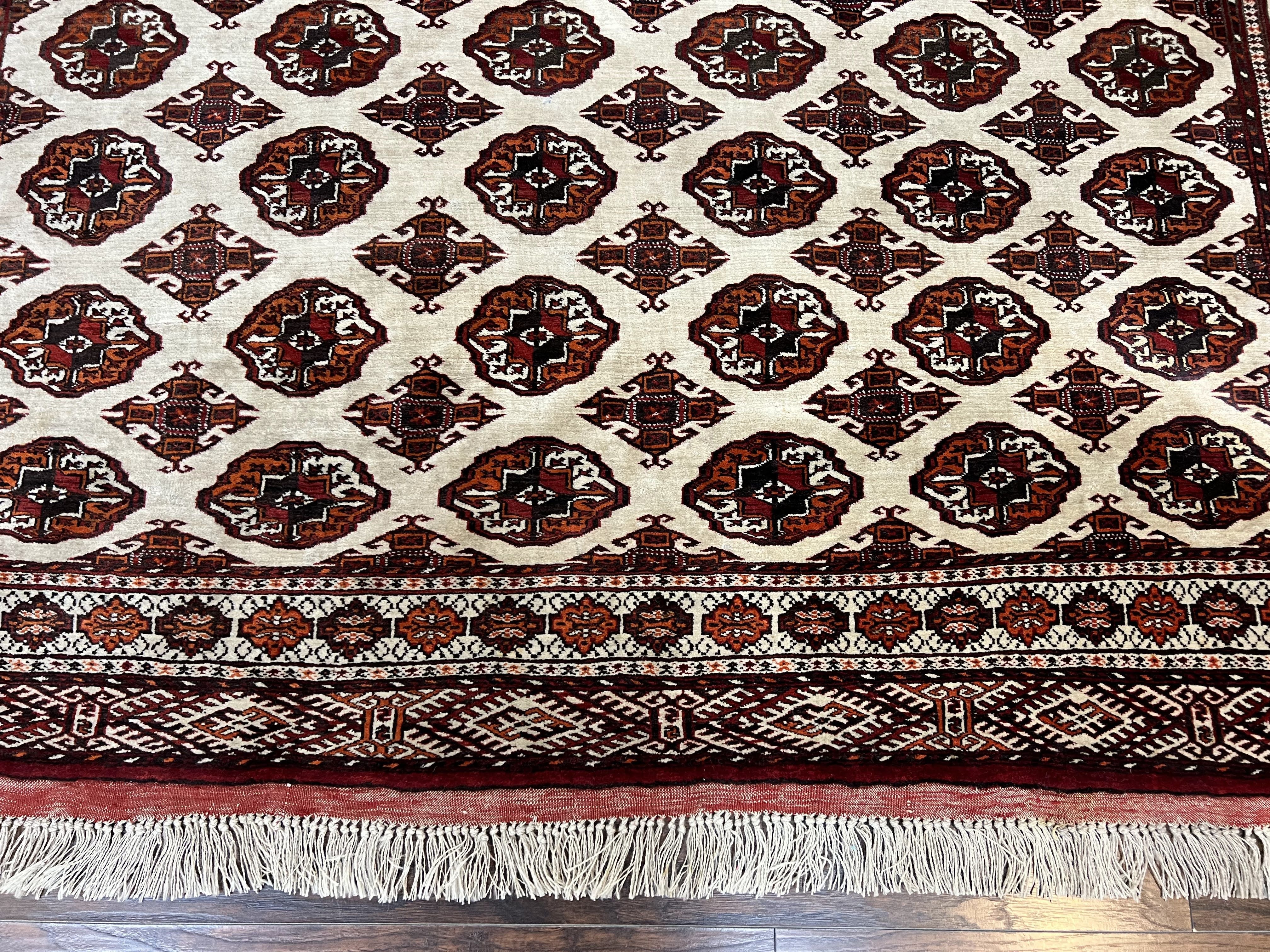 Persian Turkoman Rug 7x8, Almost Square Rare, Hand Knotted, Yamud, Bohemian Rug, Handmade Tribal Rug, Cream Red, Handmade Oriental Carpet - Image 6