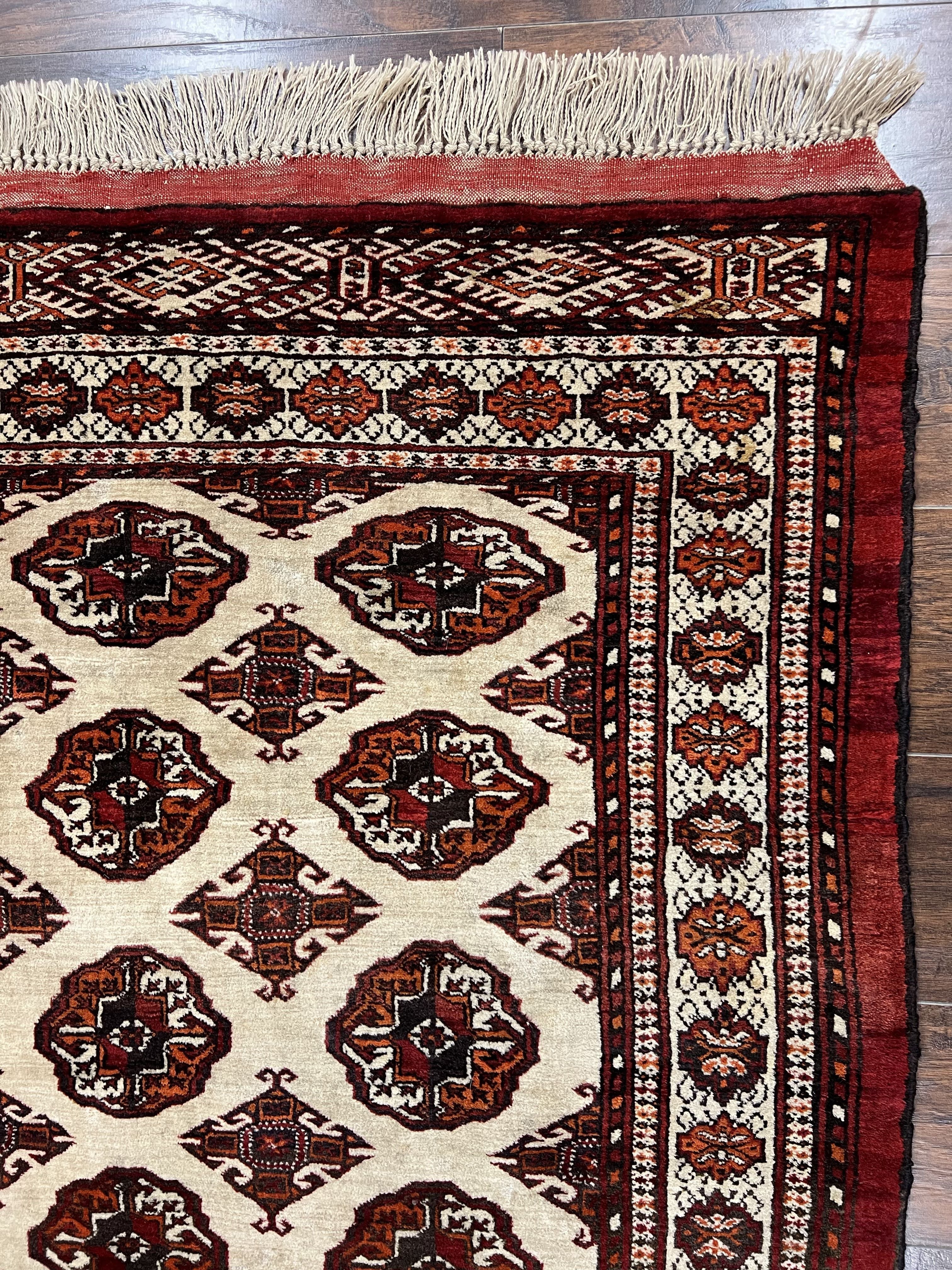 Persian Turkoman Rug 7x8, Almost Square Rare, Hand Knotted, Yamud, Bohemian Rug, Handmade Tribal Rug, Cream Red, Handmade Oriental Carpet - Image 8