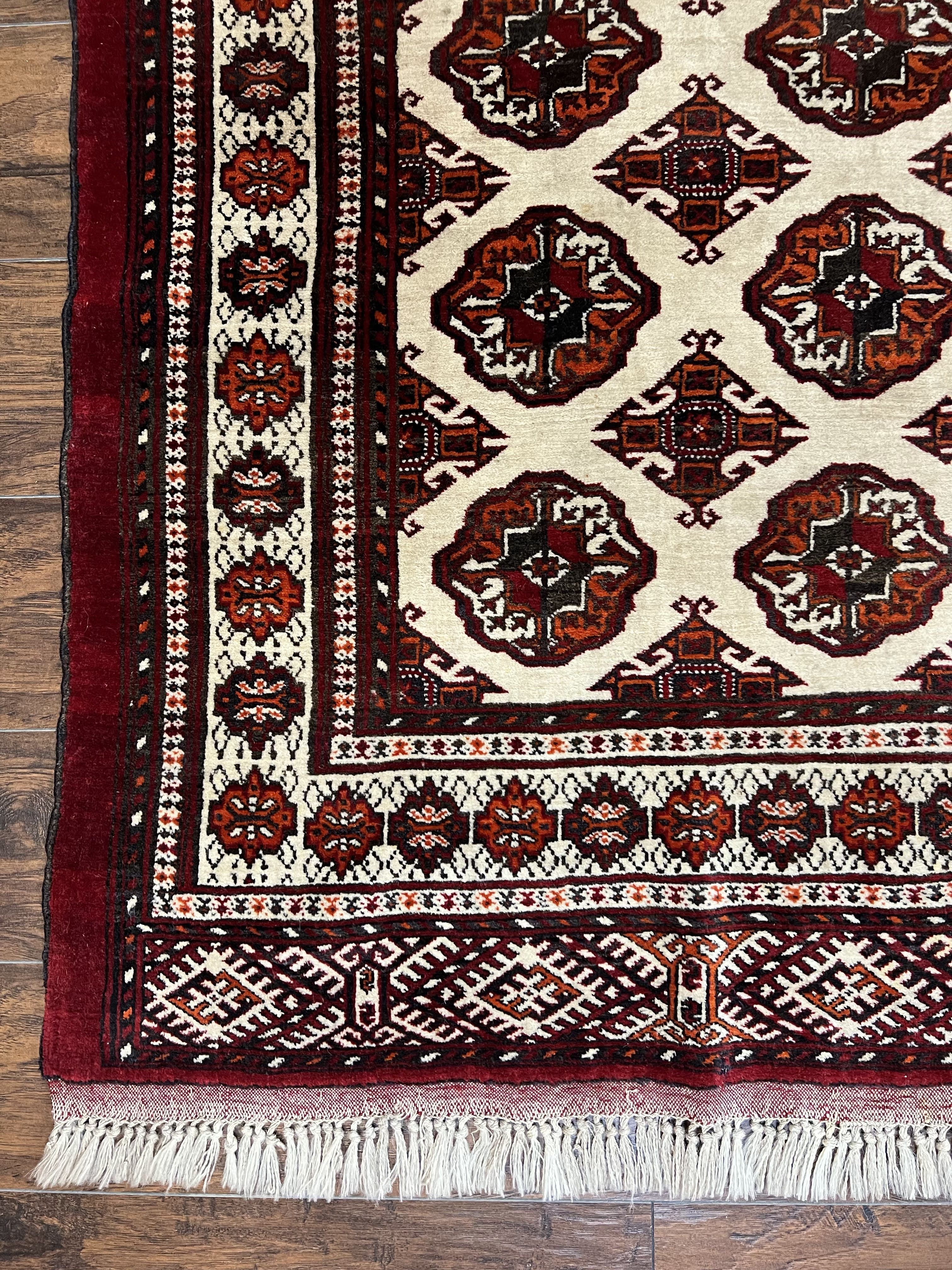 Persian Turkoman Rug 7x8, Almost Square Rare, Hand Knotted, Yamud, Bohemian Rug, Handmade Tribal Rug, Cream Red, Handmade Oriental Carpet - Image 9