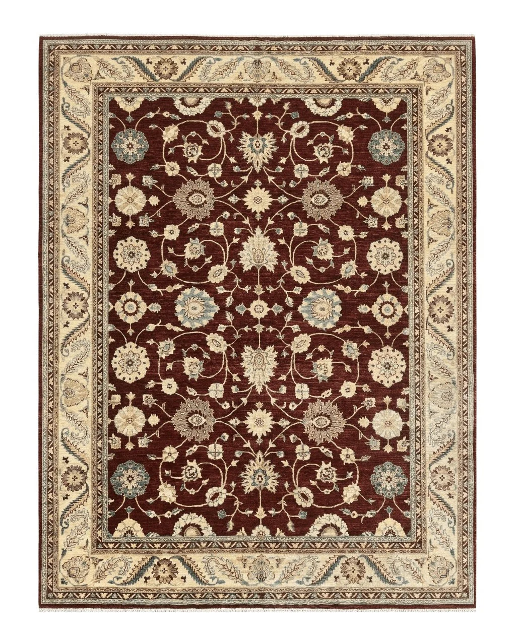 Peshawar Rug 9x11, Pakistani Oriental Carpet, Maroon and Beige, Floral Allover, Wool Hand Knotted Handmade Vintage Rug