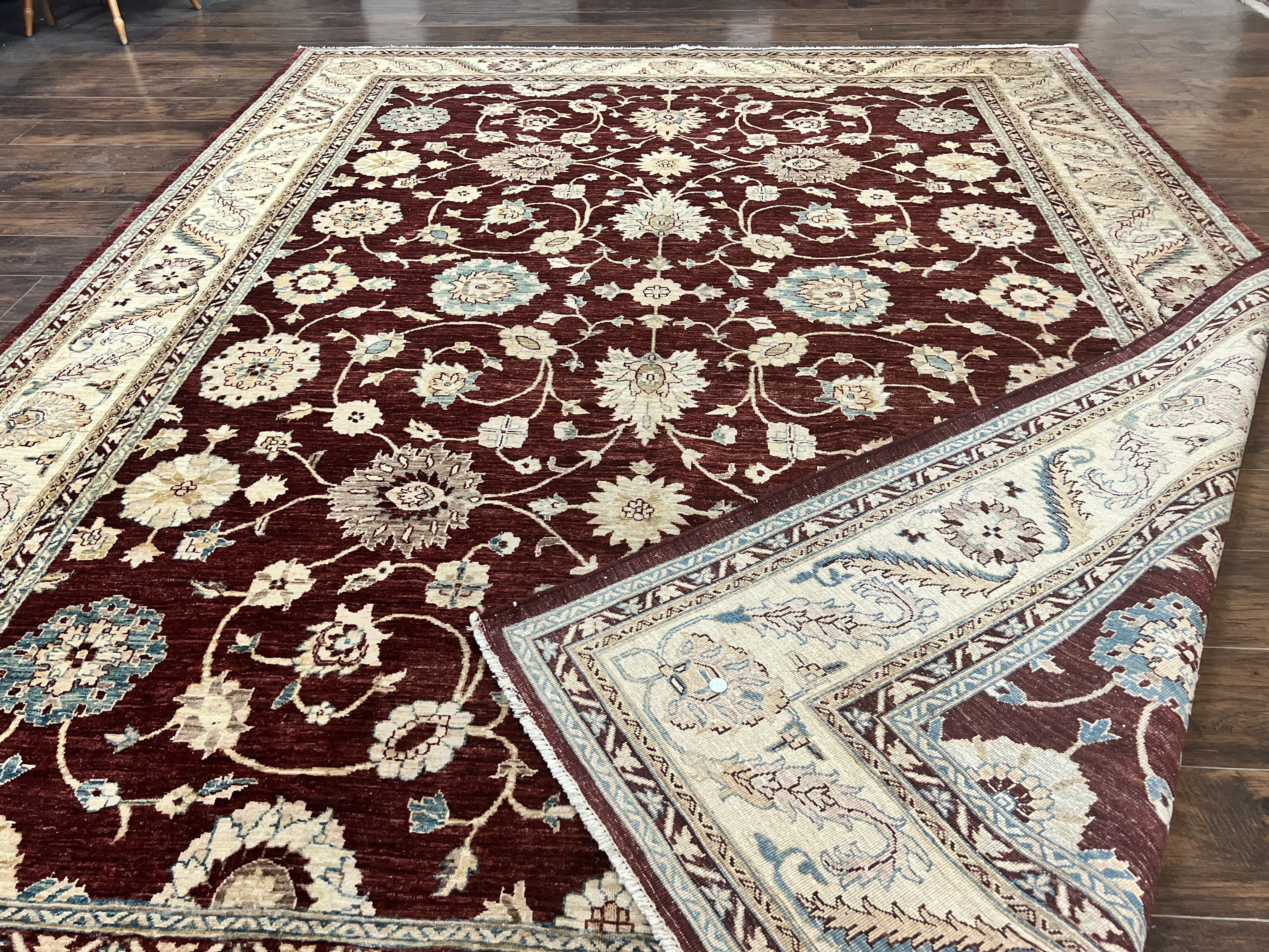 Peshawar Rug 9x11, Pakistani Oriental Carpet, Maroon and Beige, Floral Allover, Wool Hand Knotted Handmade Vintage Rug - Image 11