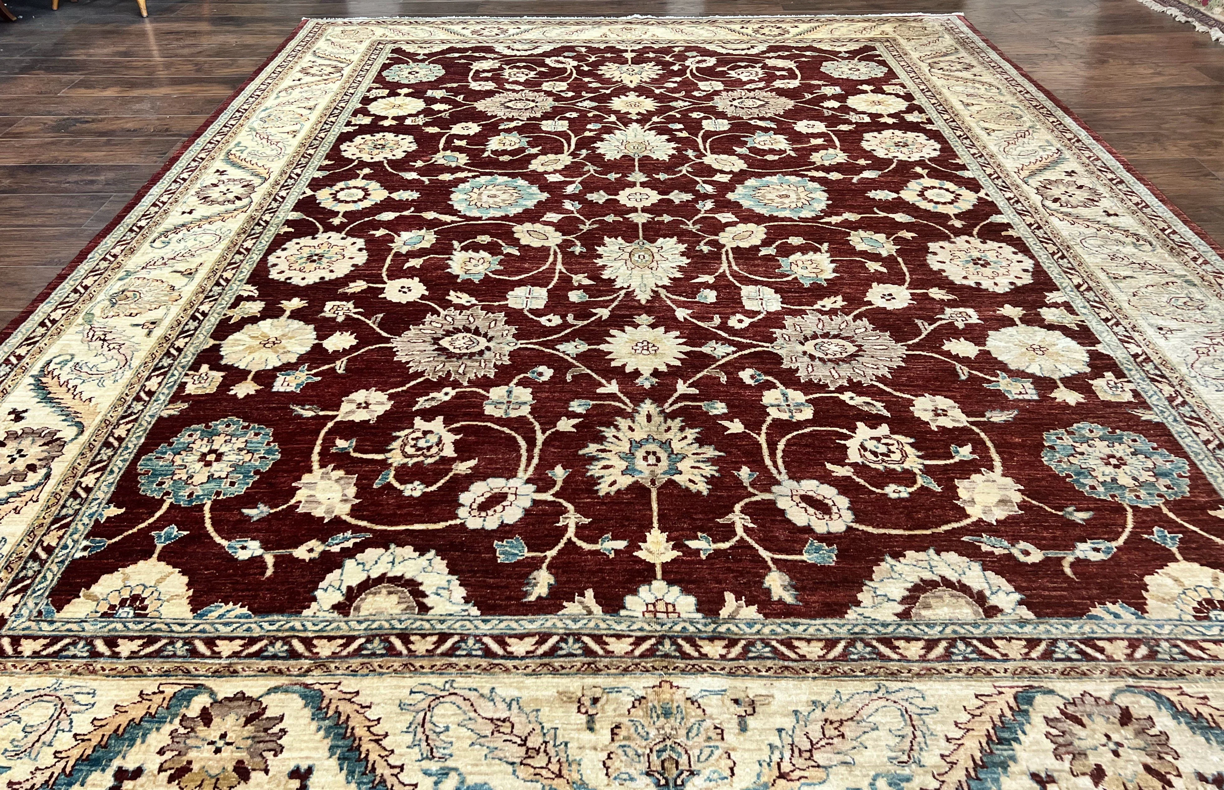 Peshawar Rug 9x11, Pakistani Oriental Carpet, Maroon and Beige, Floral Allover, Wool Hand Knotted Handmade Vintage Rug - Image 12