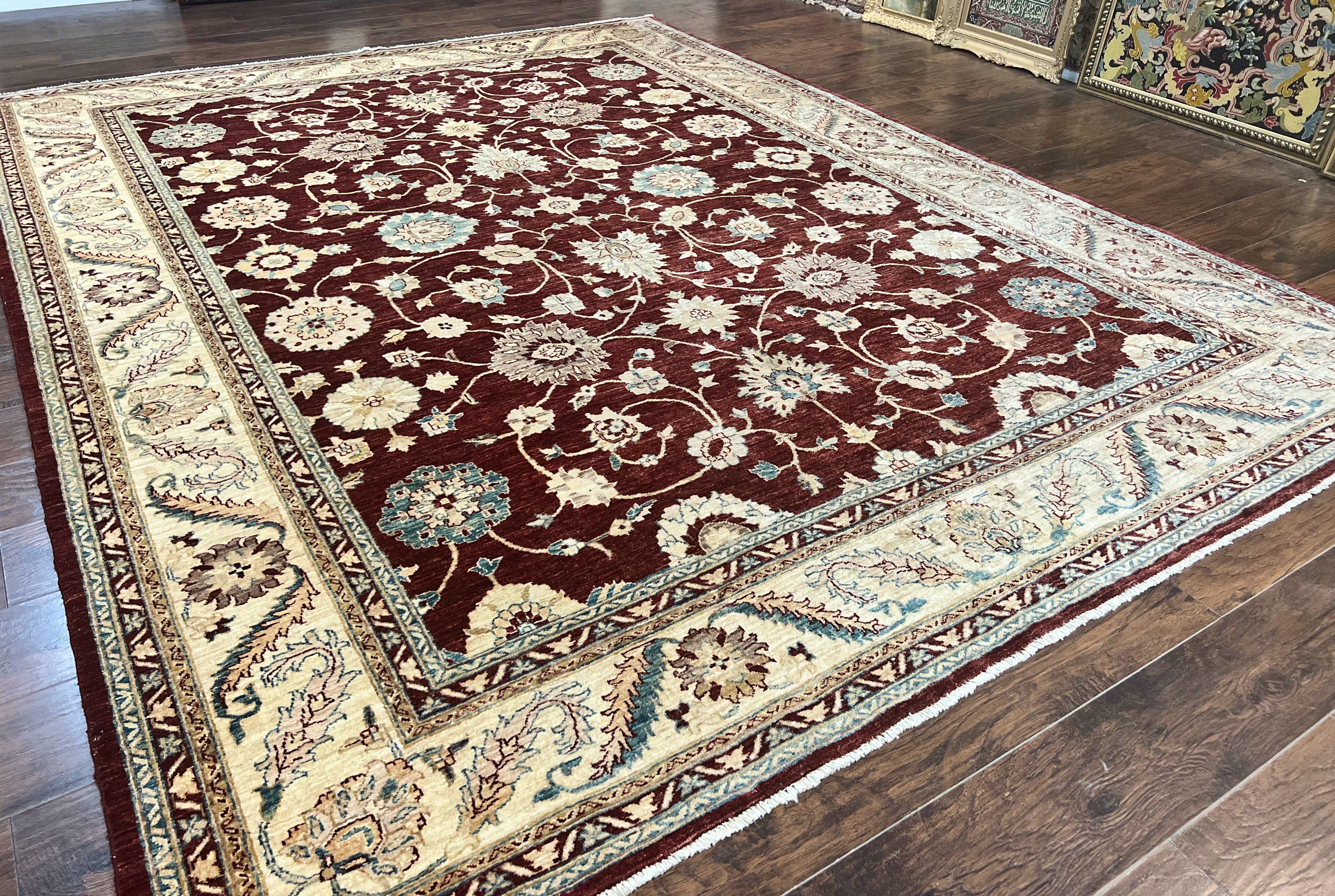 Peshawar Rug 9x11, Pakistani Oriental Carpet, Maroon and Beige, Floral Allover, Wool Hand Knotted Handmade Vintage Rug - Image 13