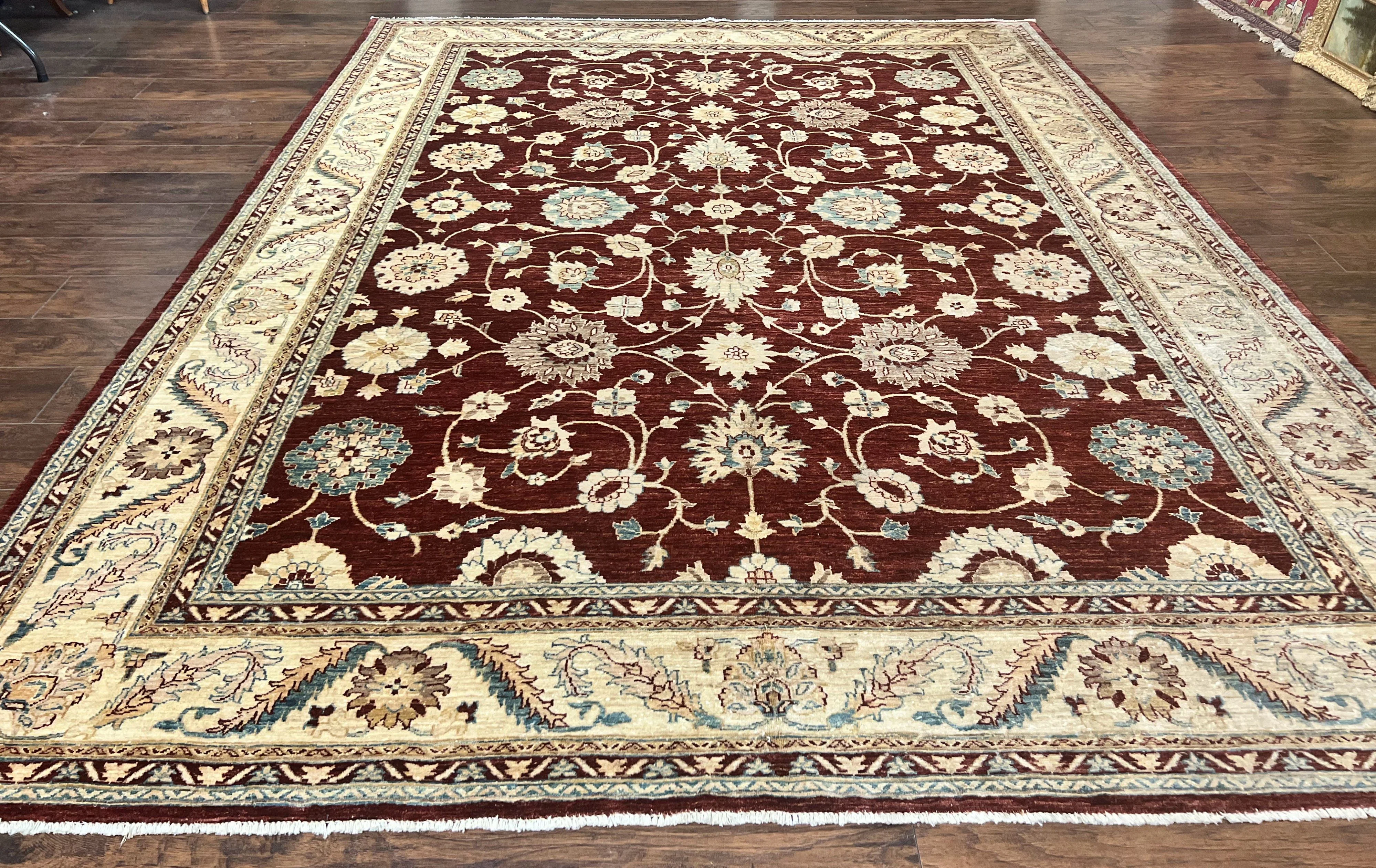 Peshawar Rug 9x11, Pakistani Oriental Carpet, Maroon and Beige, Floral Allover, Wool Hand Knotted Handmade Vintage Rug - Image 2