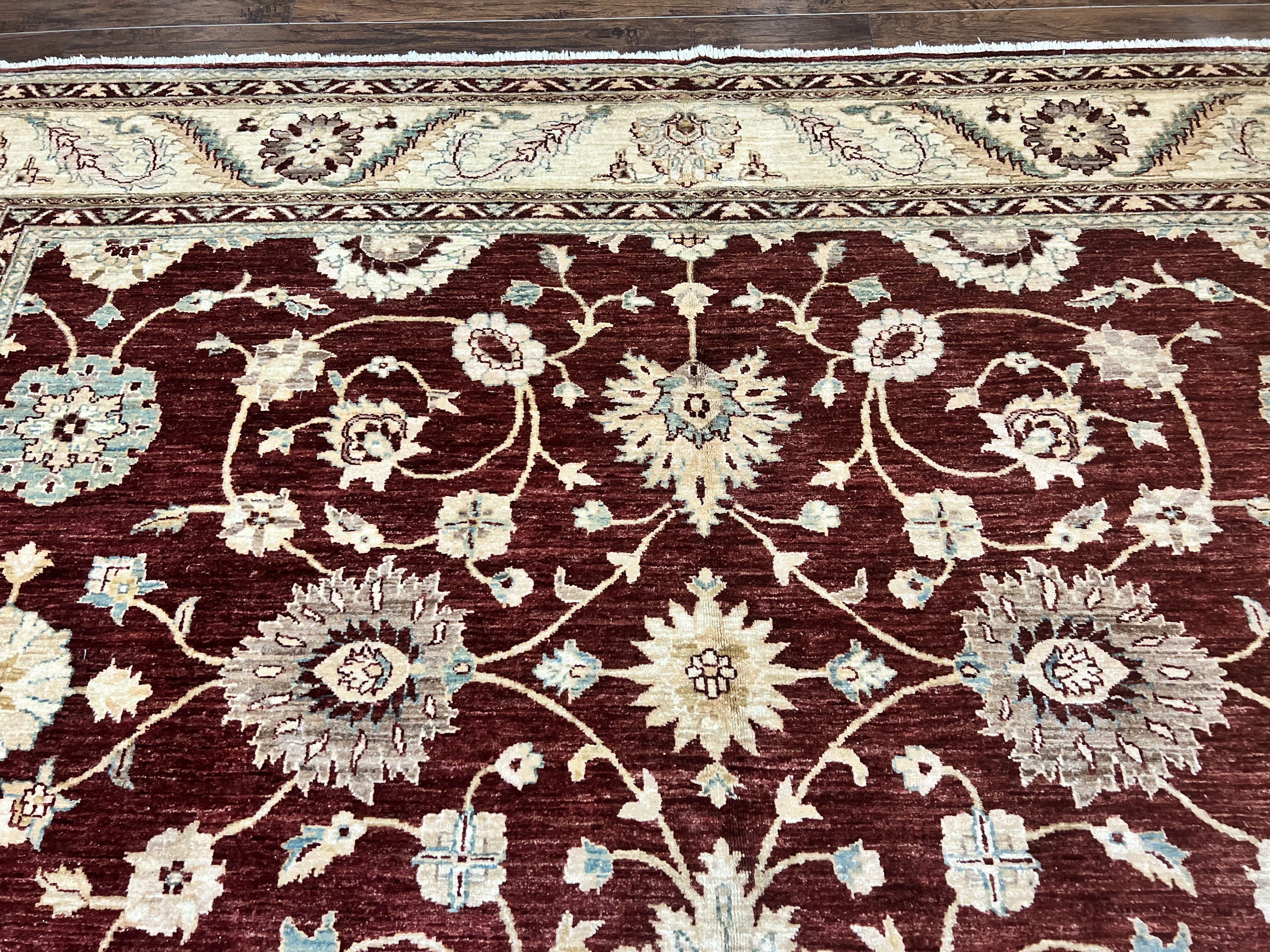 Peshawar Rug 9x11, Pakistani Oriental Carpet, Maroon and Beige, Floral Allover, Wool Hand Knotted Handmade Vintage Rug - Image 3
