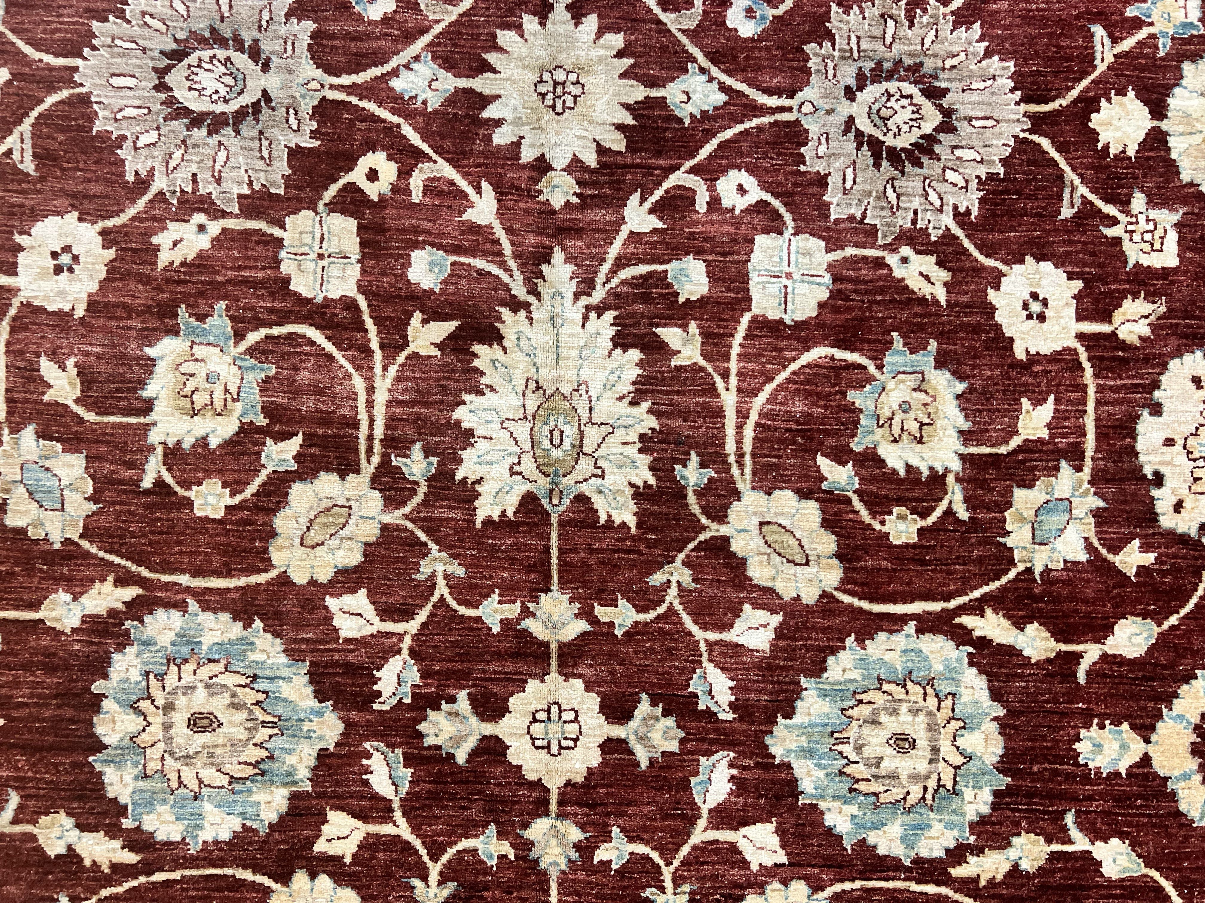 Peshawar Rug 9x11, Pakistani Oriental Carpet, Maroon and Beige, Floral Allover, Wool Hand Knotted Handmade Vintage Rug - Image 4