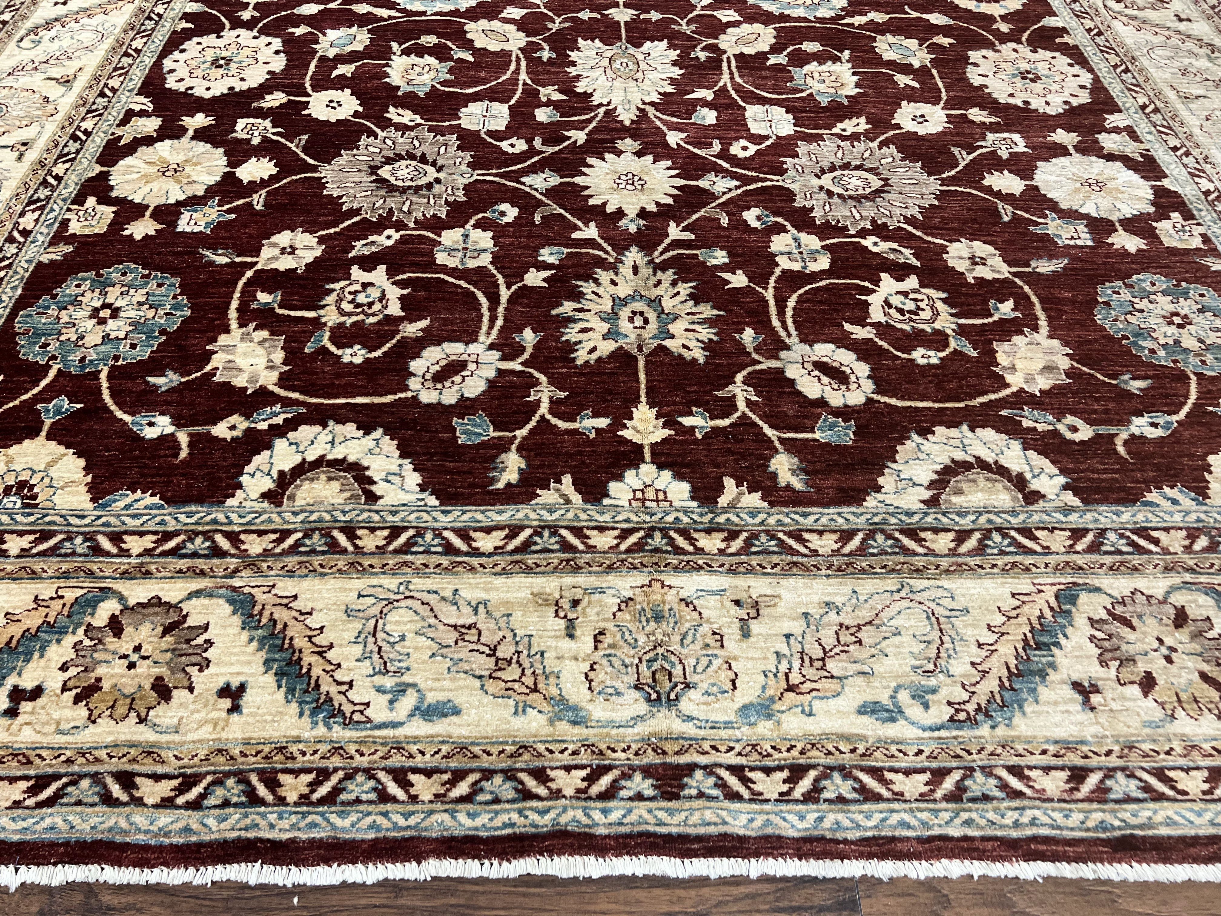 Peshawar Rug 9x11, Pakistani Oriental Carpet, Maroon and Beige, Floral Allover, Wool Hand Knotted Handmade Vintage Rug - Image 5