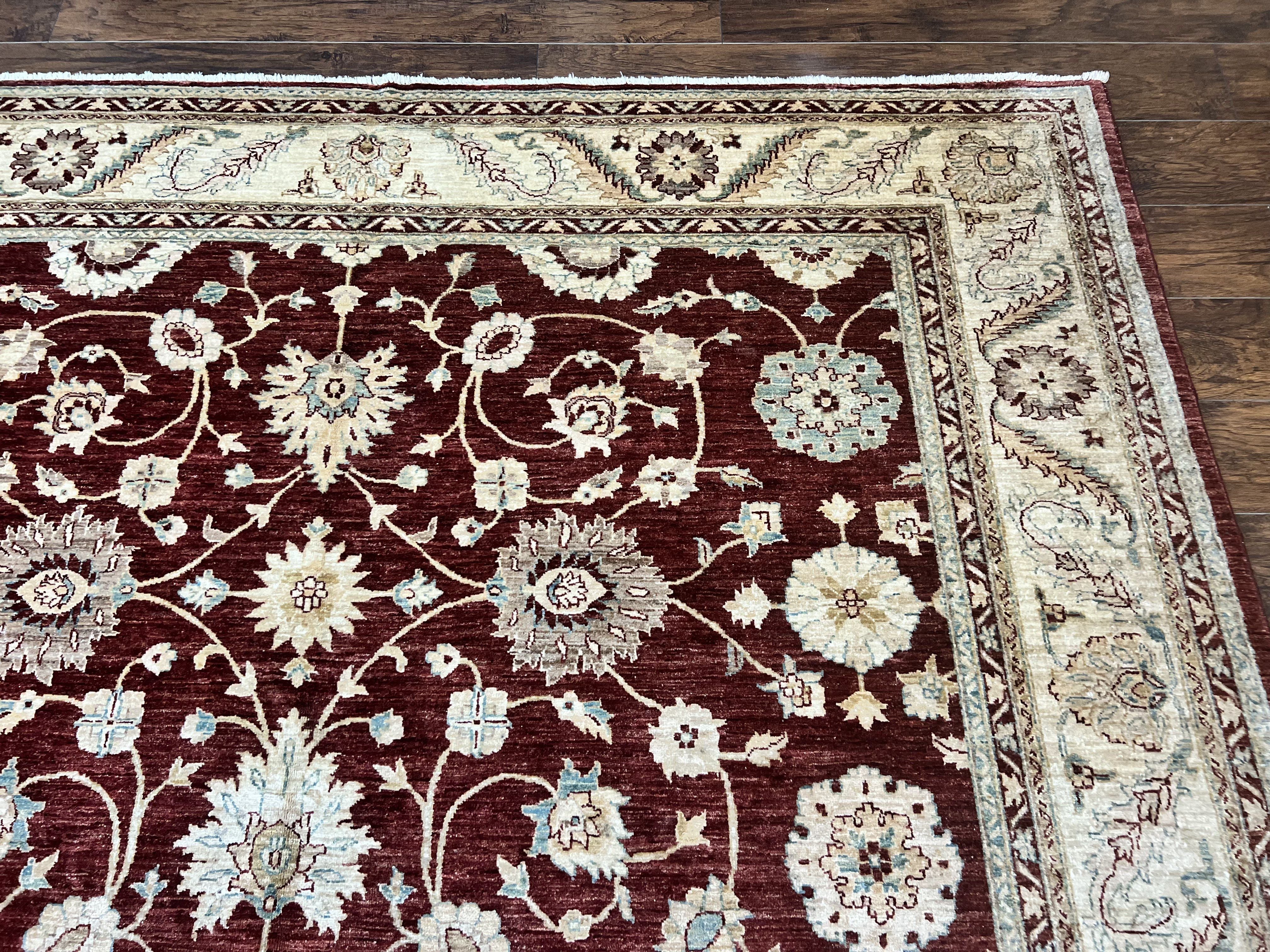 Peshawar Rug 9x11, Pakistani Oriental Carpet, Maroon and Beige, Floral Allover, Wool Hand Knotted Handmade Vintage Rug - Image 7