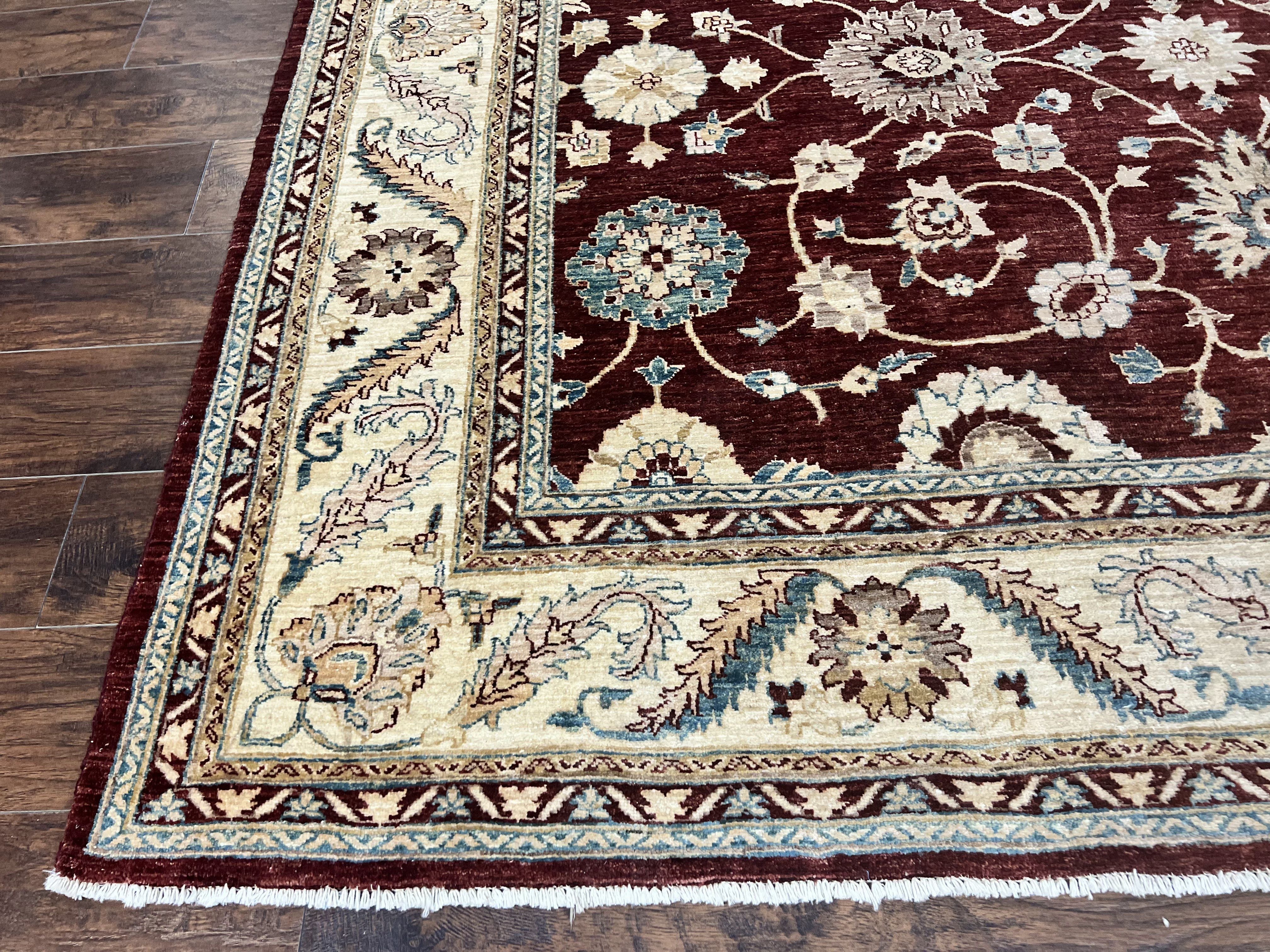 Peshawar Rug 9x11, Pakistani Oriental Carpet, Maroon and Beige, Floral Allover, Wool Hand Knotted Handmade Vintage Rug - Image 8