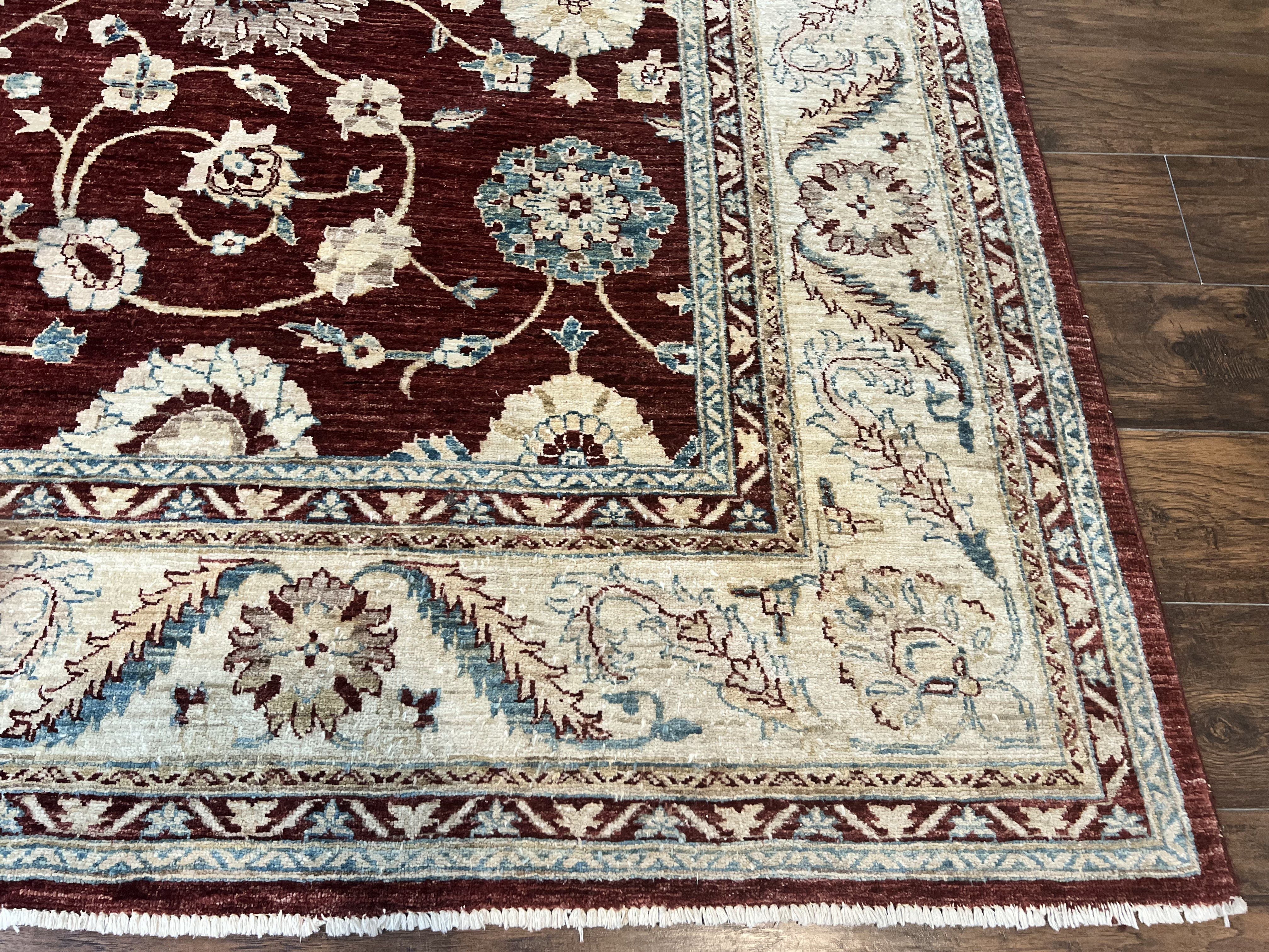 Peshawar Rug 9x11, Pakistani Oriental Carpet, Maroon and Beige, Floral Allover, Wool Hand Knotted Handmade Vintage Rug - Image 9