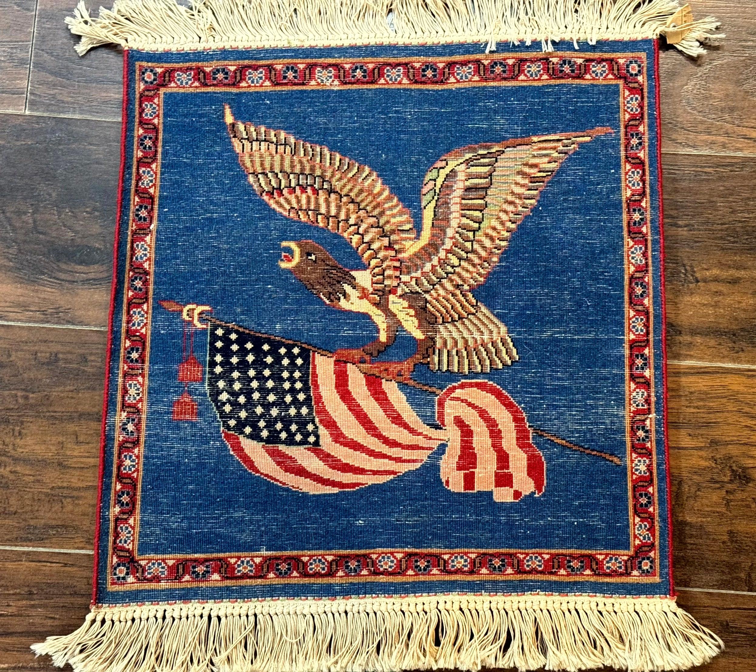 Pictorial Rug of American Flag with Bald Eagle, Small Indo Persian Pictorial Rug, Blue, Handmade, Very Fine 330 KPSI - Image 10