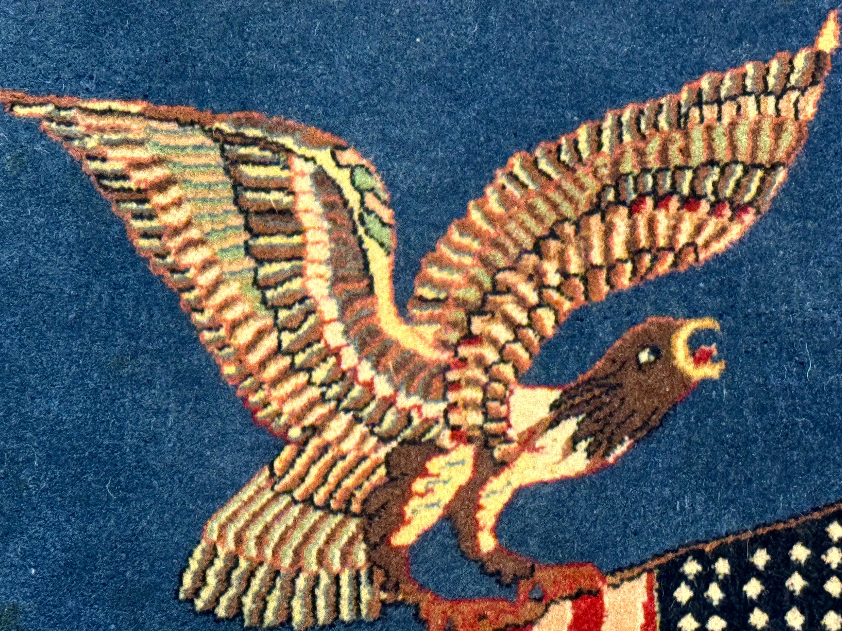 Pictorial Rug of American Flag with Bald Eagle, Small Indo Persian Pictorial Rug, Blue, Handmade, Very Fine 330 KPSI - Image 3