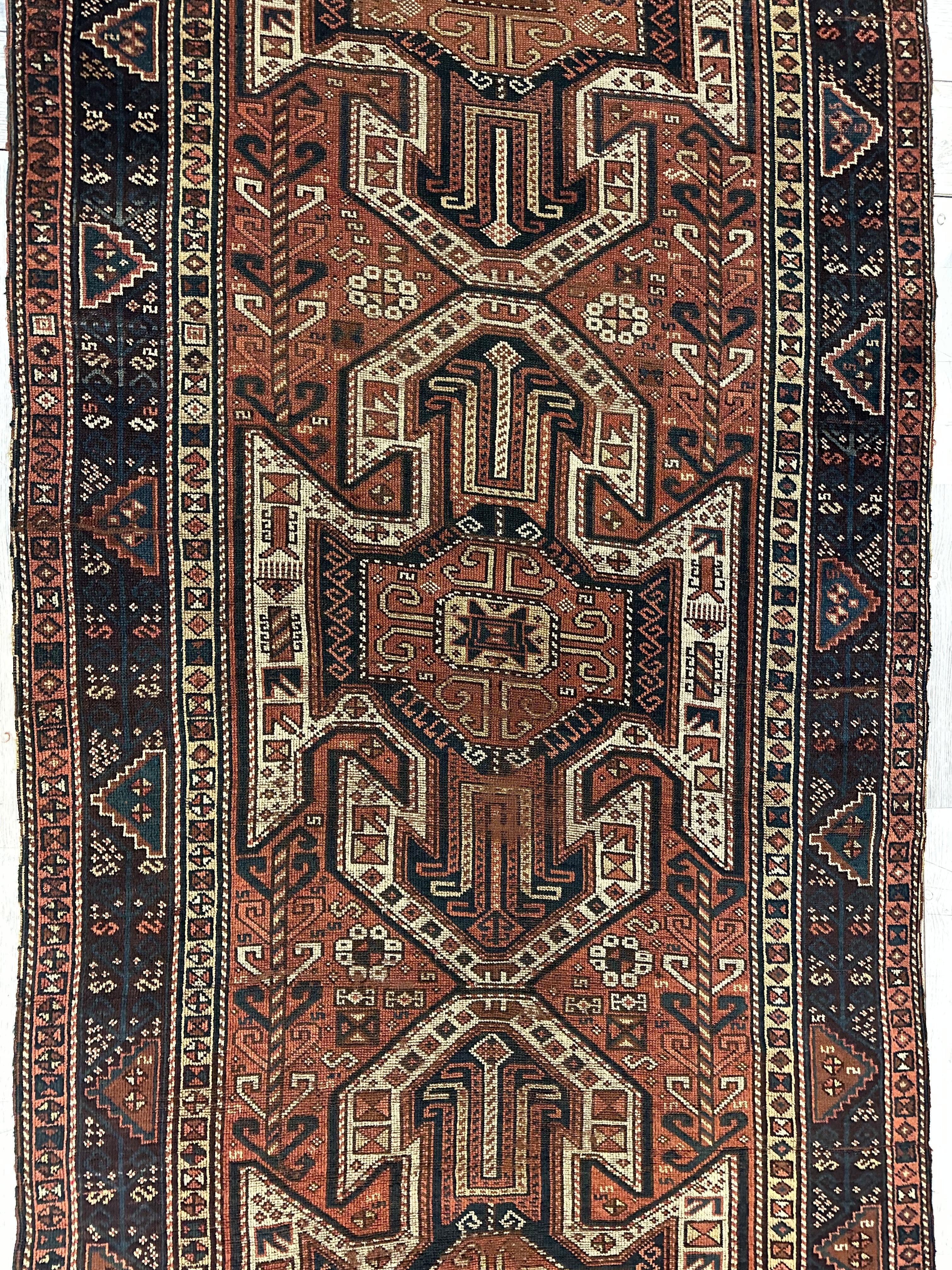 Pre-1900 Triple Shield Sewan Kazak Rug, 4’4”x11’7” - Image 2