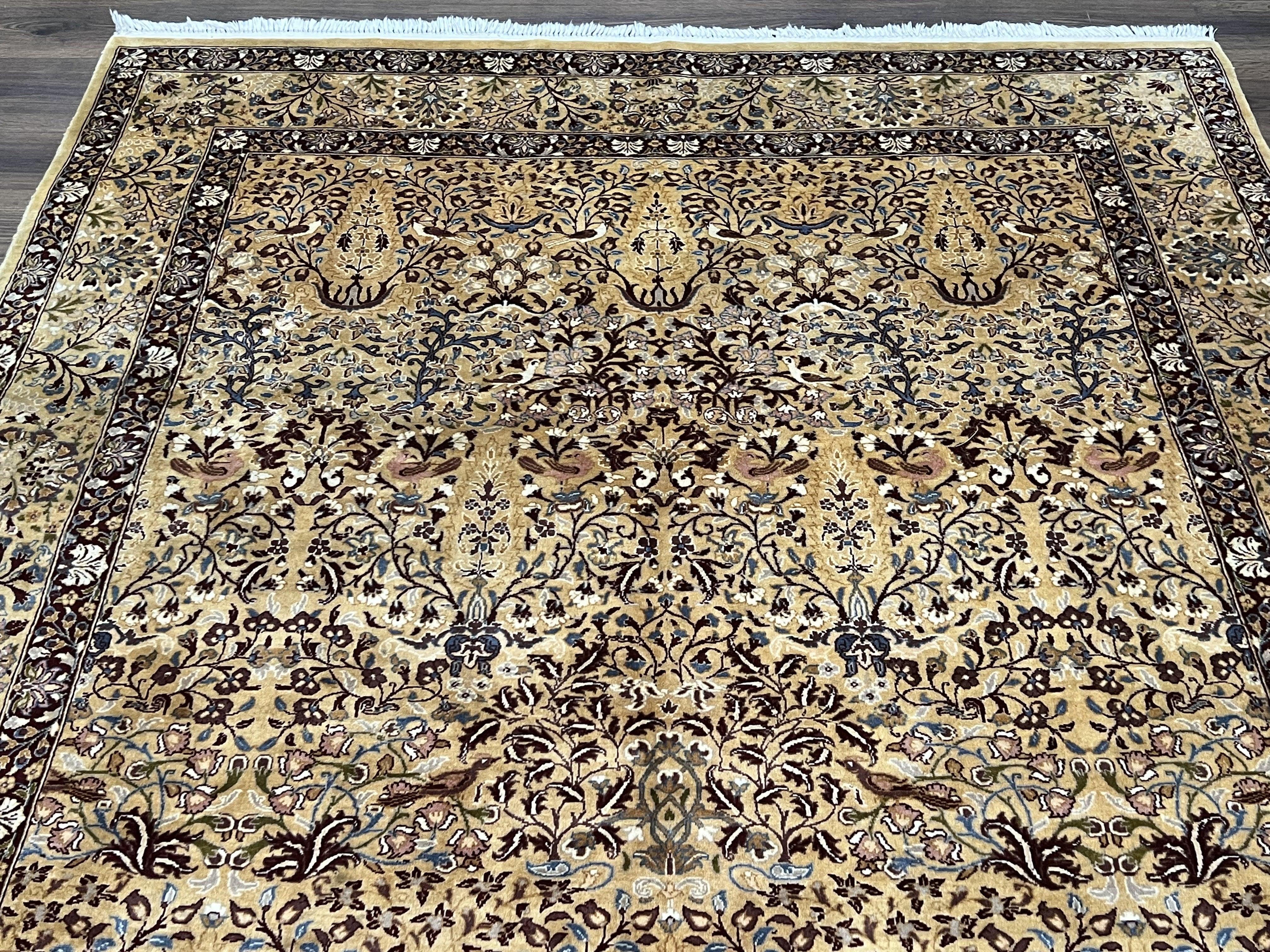 Pretty Indo Persian Rug 6x9, Allover Floral Motif with Birds, Tan/Cream, Very Fine Oriental Carpet, Hand Knotted Vintage Indian Wool Rug - Image 11