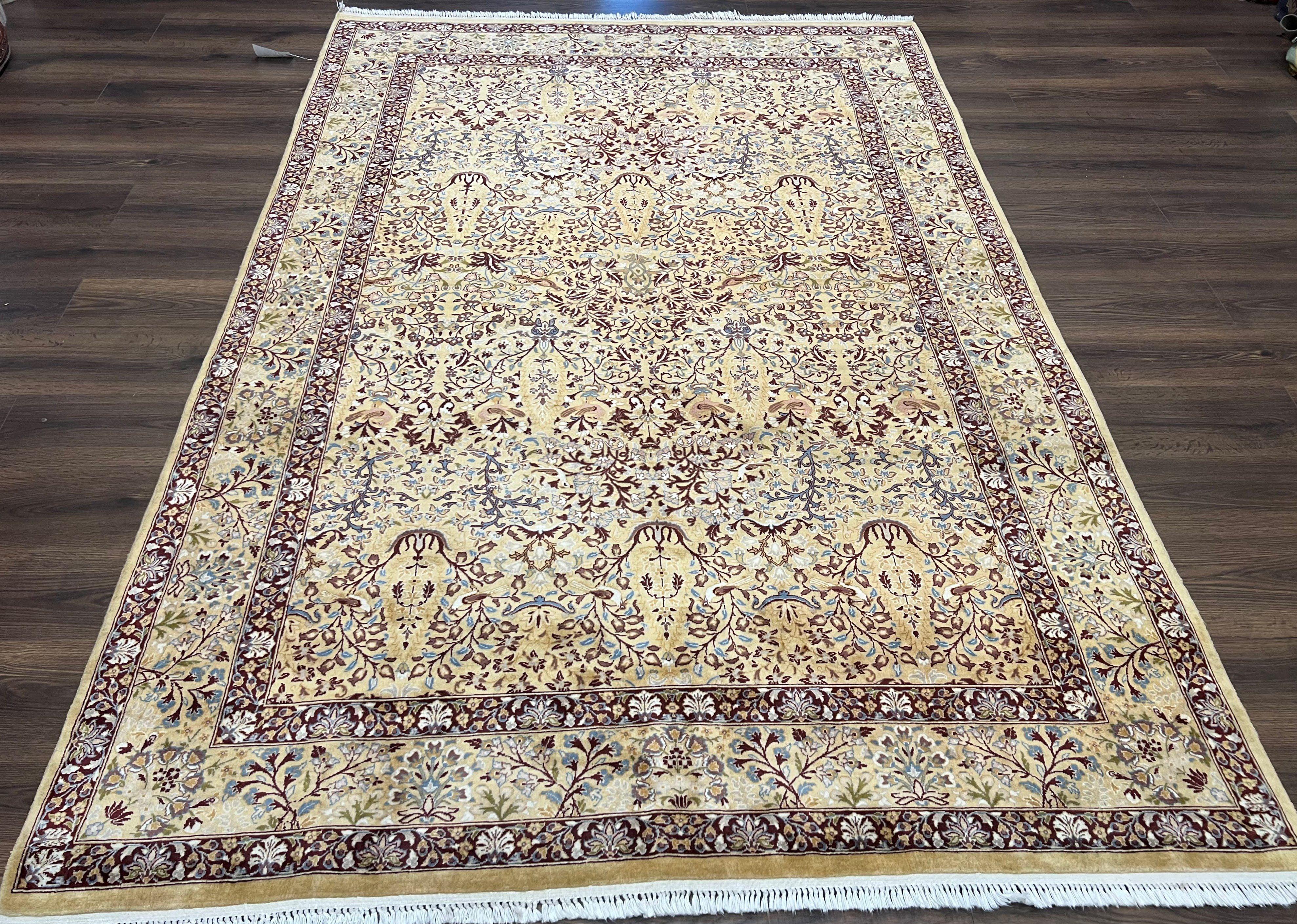 Pretty Indo Persian Rug 6x9, Allover Floral Motif with Birds, Tan/Cream, Very Fine Oriental Carpet, Hand Knotted Vintage Indian Wool Rug - Image 12