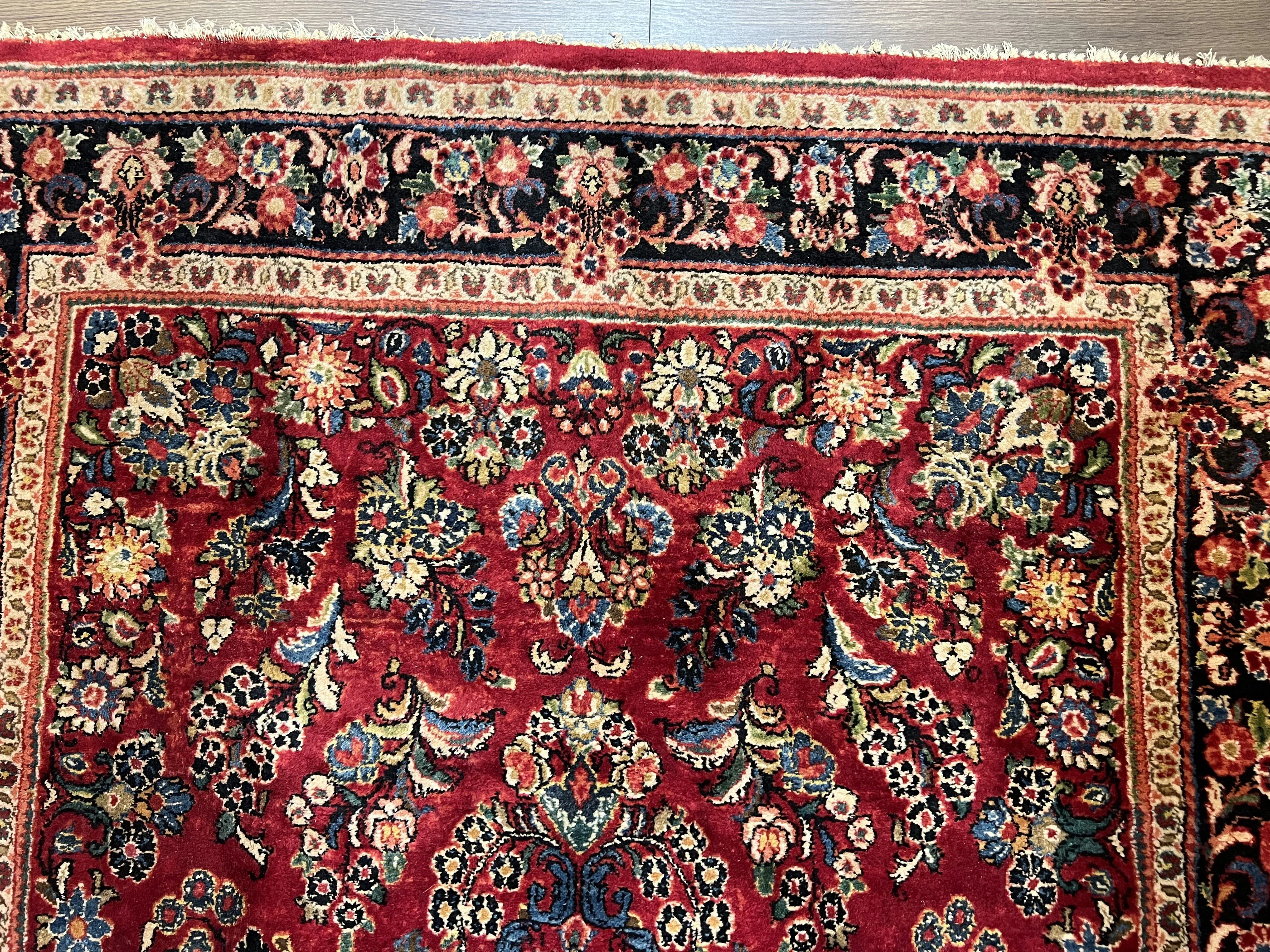 Persian Sarouk Rug 5x6, Hand Knotted Antique 1920s Sarouk, Red Navy Blue - Image 3