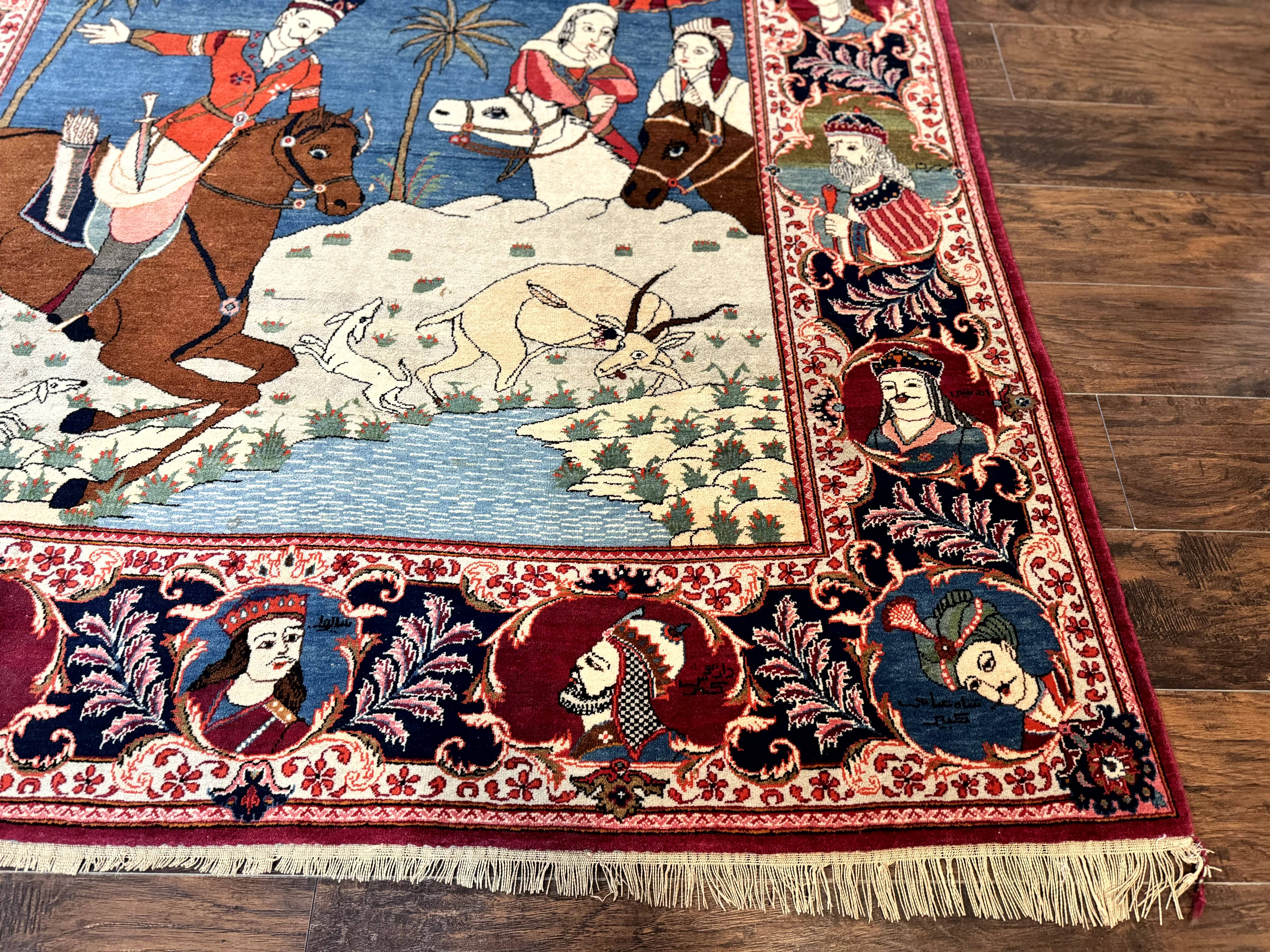 Rare Persian Kashan Pictorial Rug 6x9, King Bahram Hunting Scene, Persian Kings, Hand Knotted Persian Rug for Wall Hanging, Antique, Wool - Image 12