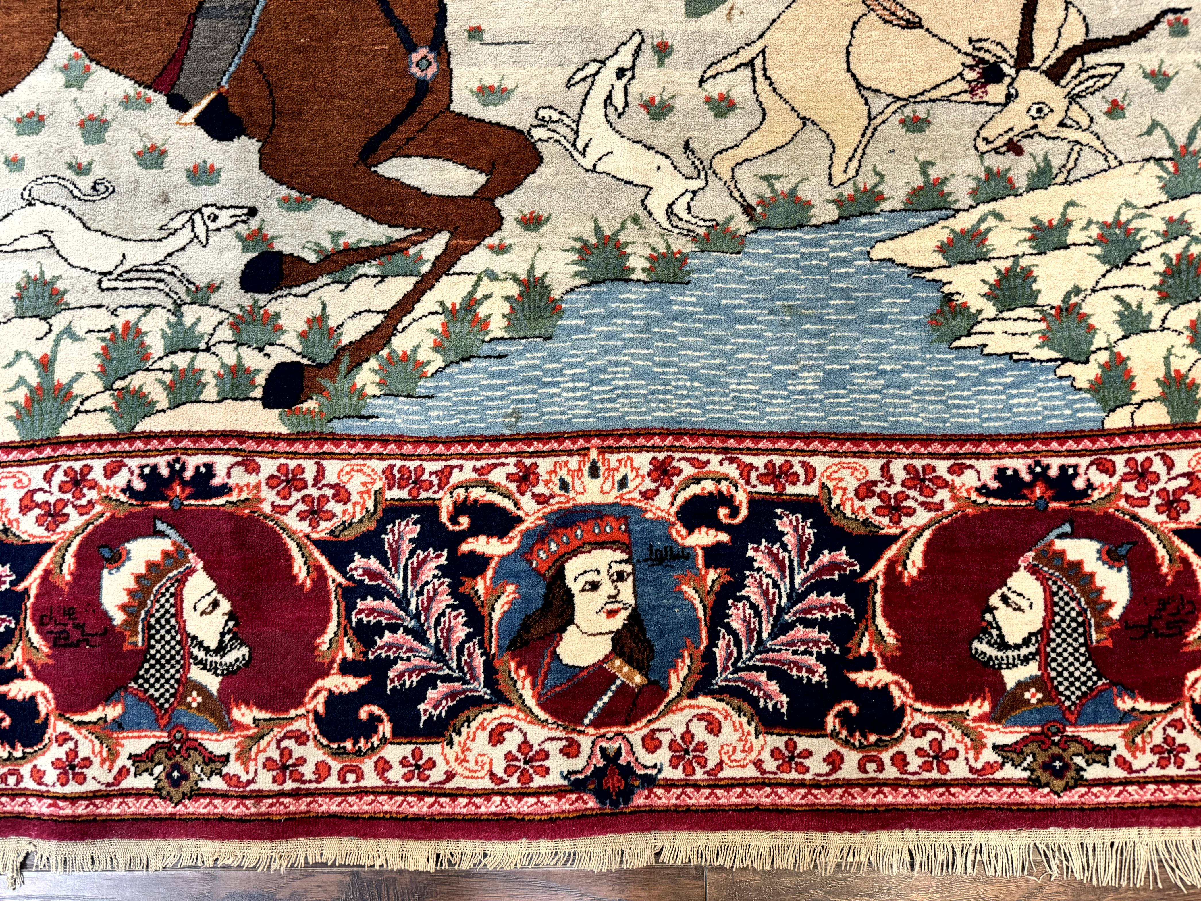 Rare Persian Kashan Pictorial Rug 6x9, King Bahram Hunting Scene, Persian Kings, Hand Knotted Persian Rug for Wall Hanging, Antique, Wool - Image 7