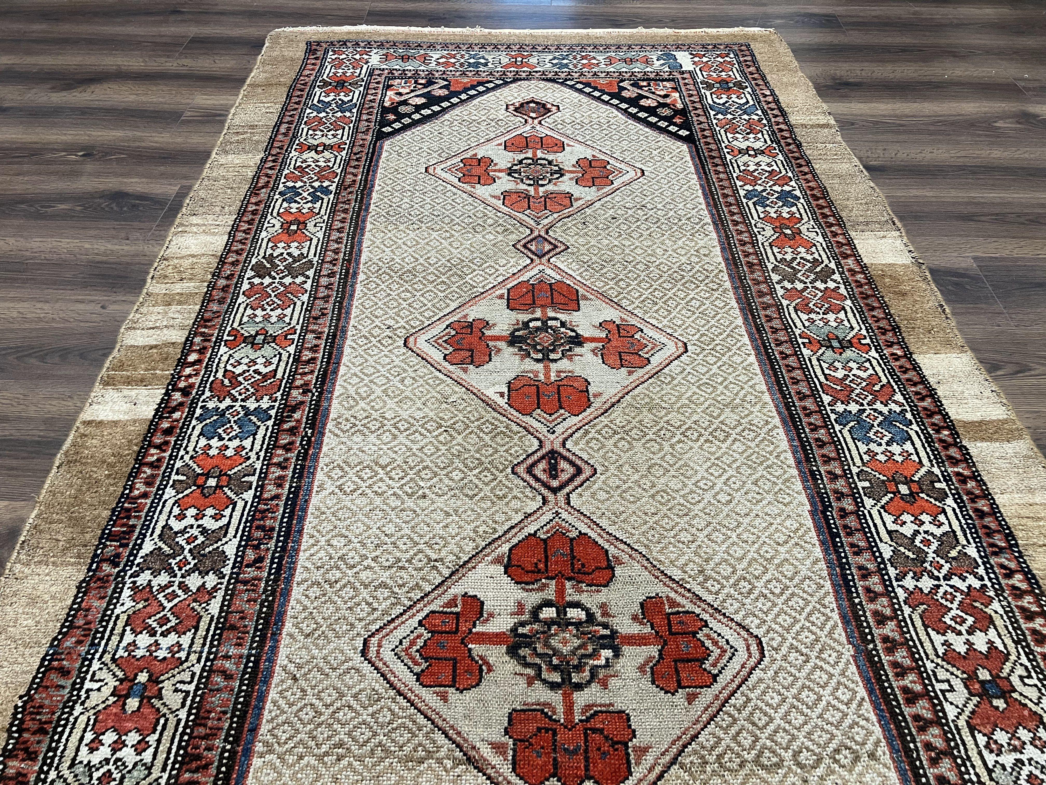 Rare Persian Sarab Tribal Runner Rug 4 x 10, Antique, Geometric Medallions, Camel Hair Runner - Image 11