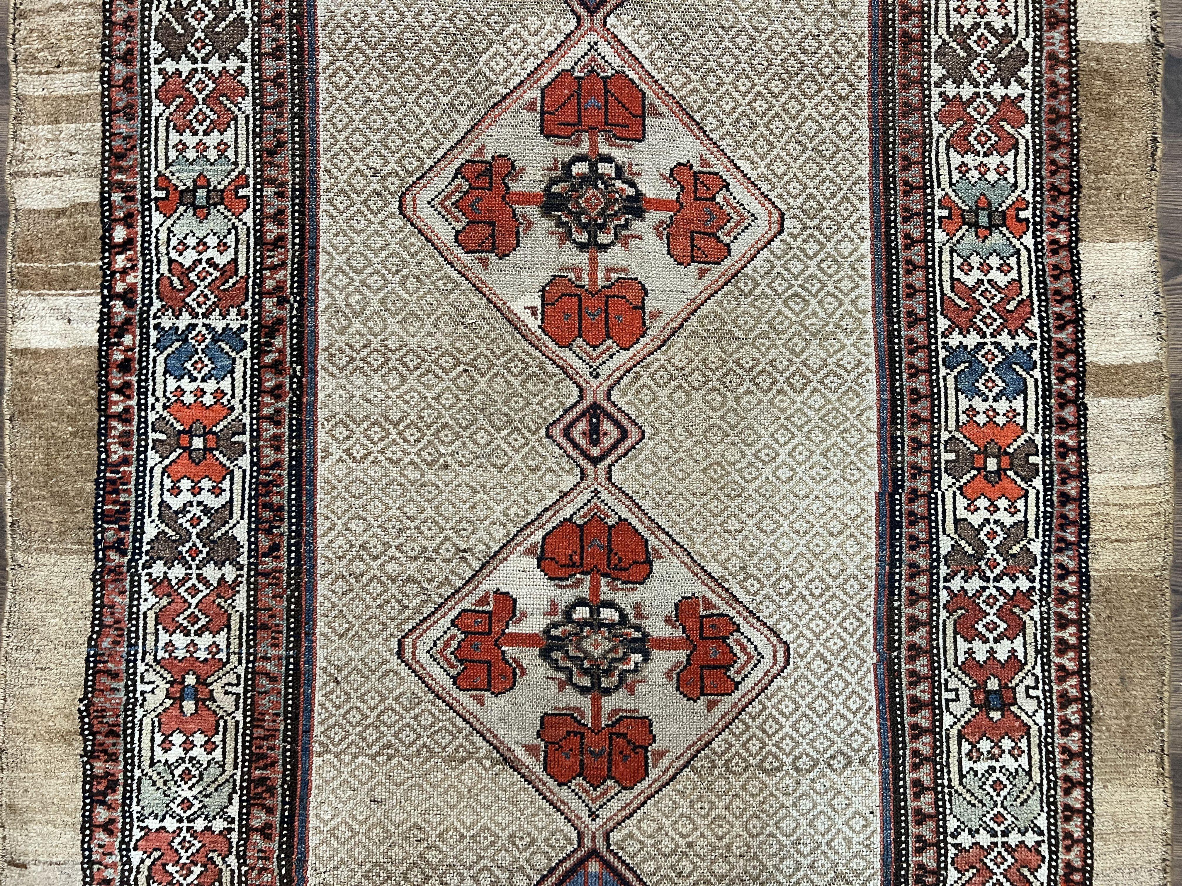 Rare Persian Sarab Tribal Runner Rug 4 x 10, Antique, Geometric Medallions, Camel Hair Runner - Image 4