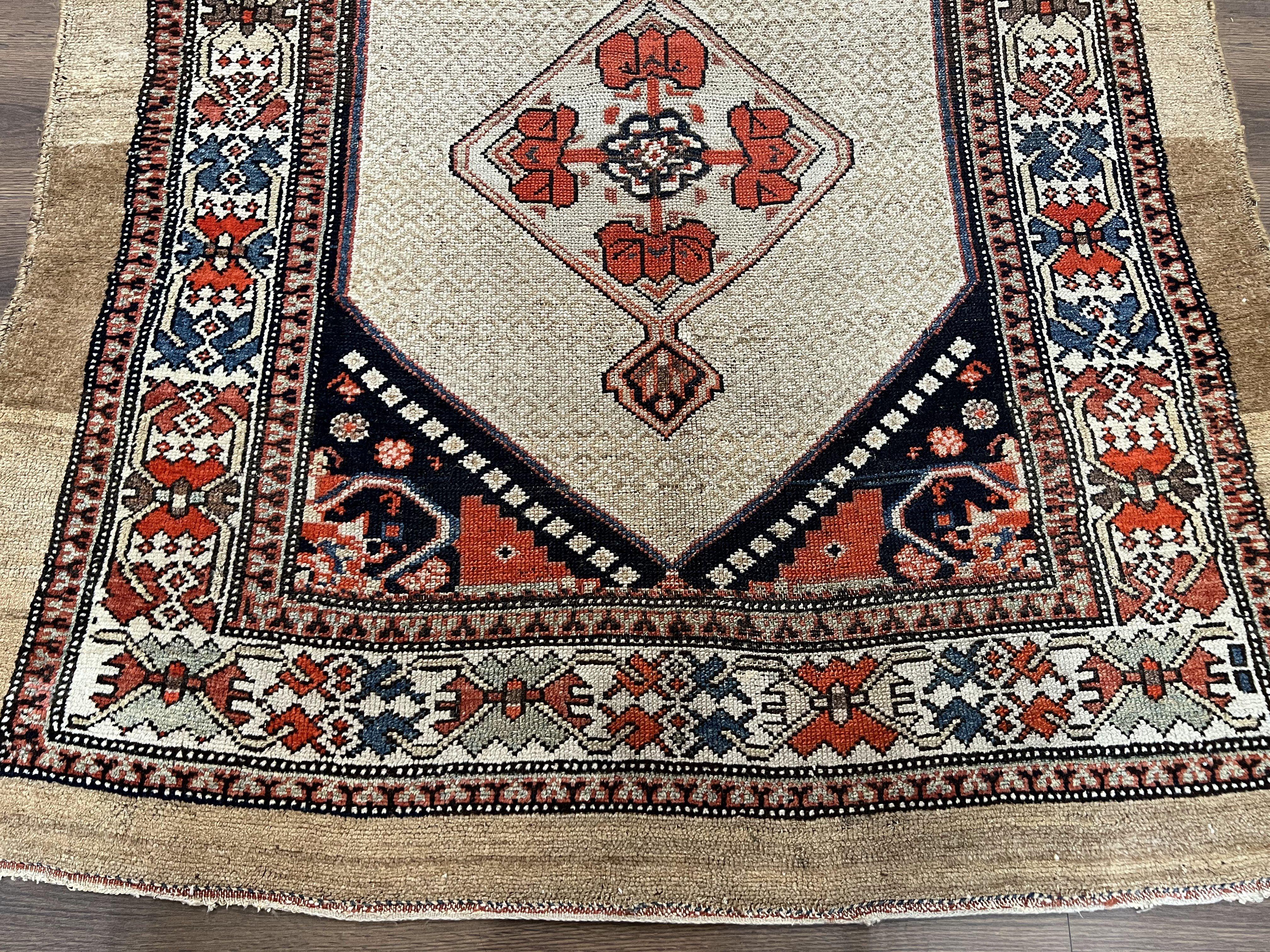 Rare Persian Sarab Tribal Runner Rug 4 x 10, Antique, Geometric Medallions, Camel Hair Runner - Image 5