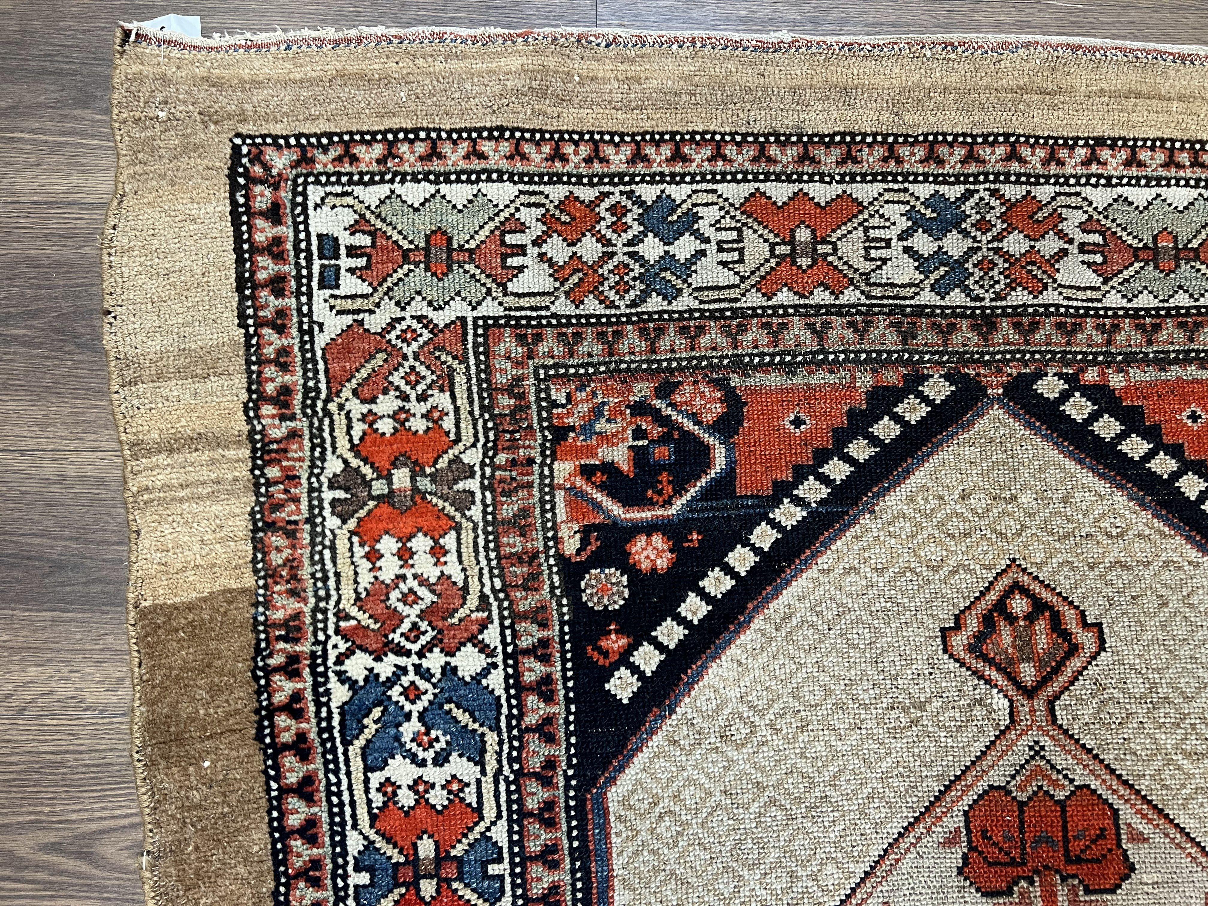 Rare Persian Sarab Tribal Runner Rug 4 x 10, Antique, Geometric Medallions, Camel Hair Runner - Image 6