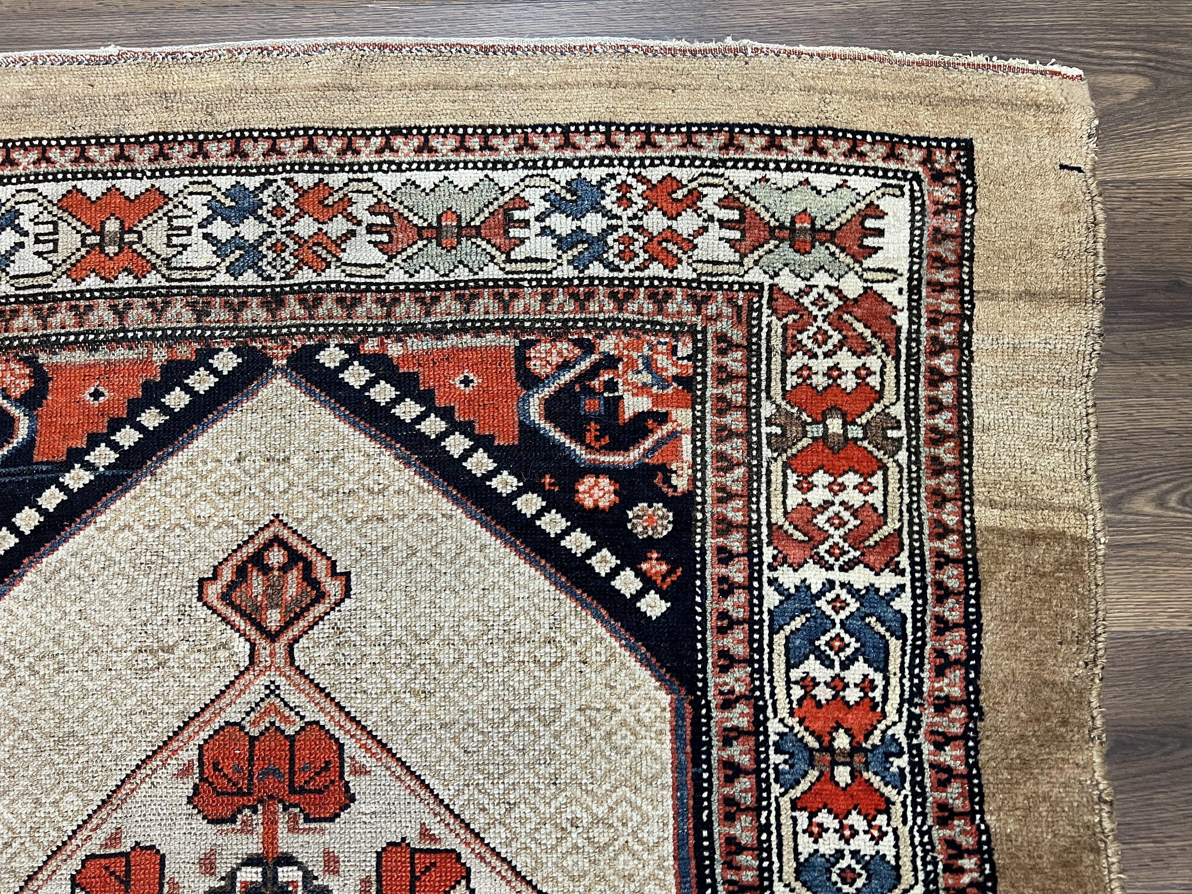 Rare Persian Sarab Tribal Runner Rug 4 x 10, Antique, Geometric Medallions, Camel Hair Runner - Image 7