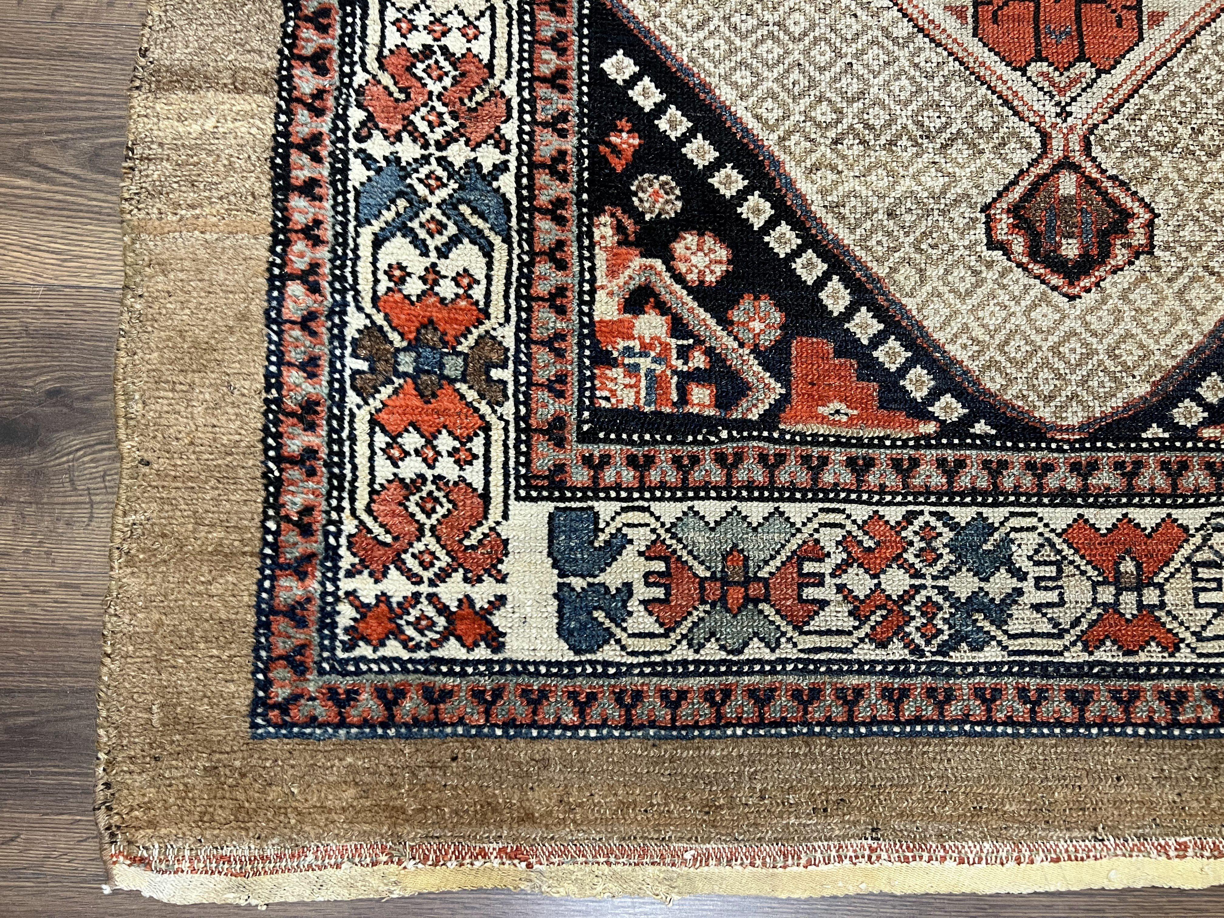 Rare Persian Sarab Tribal Runner Rug 4 x 10, Antique, Geometric Medallions, Camel Hair Runner - Image 8