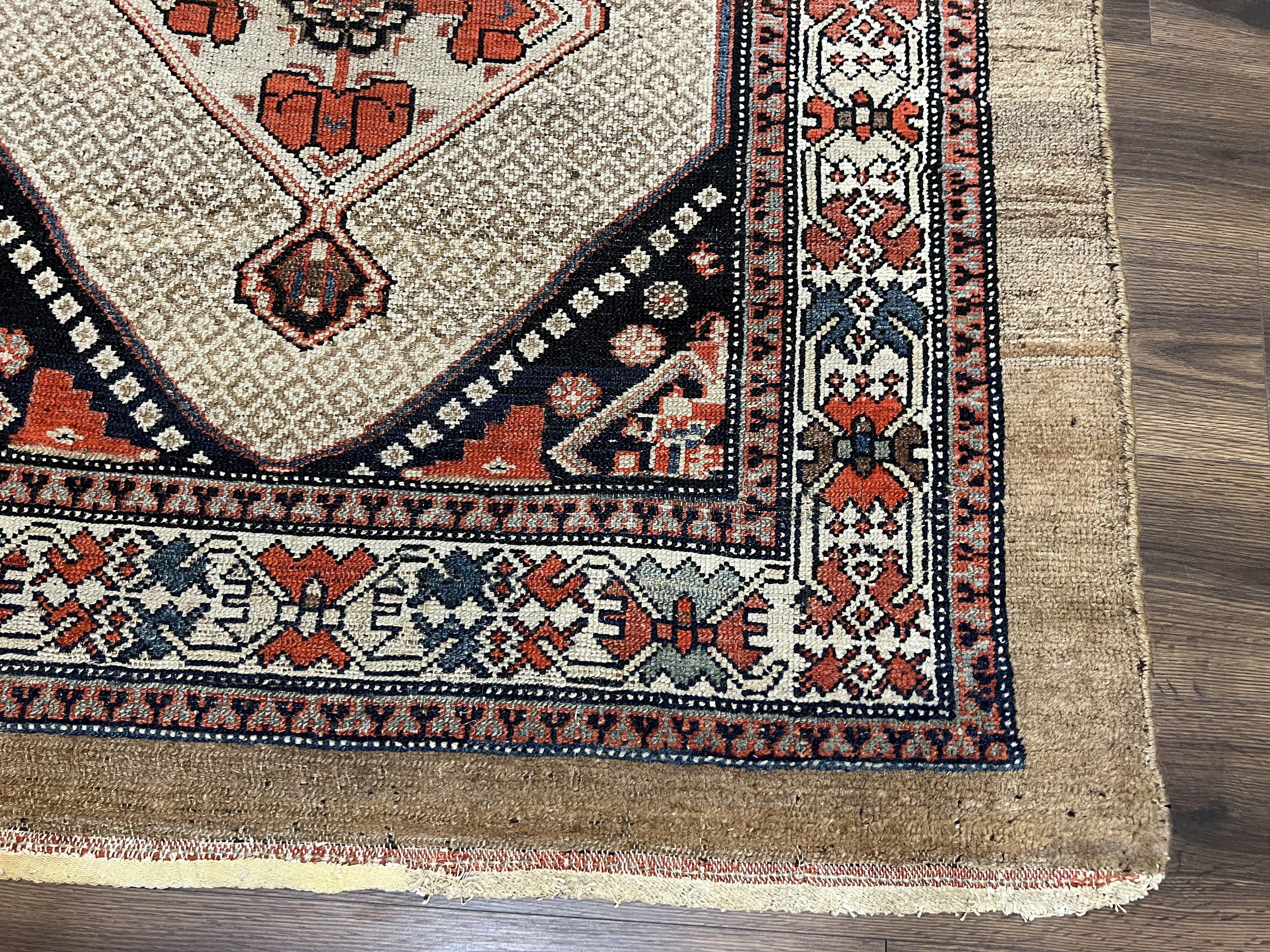 Rare Persian Sarab Tribal Runner Rug 4 x 10, Antique, Geometric Medallions, Camel Hair Runner - Image 9