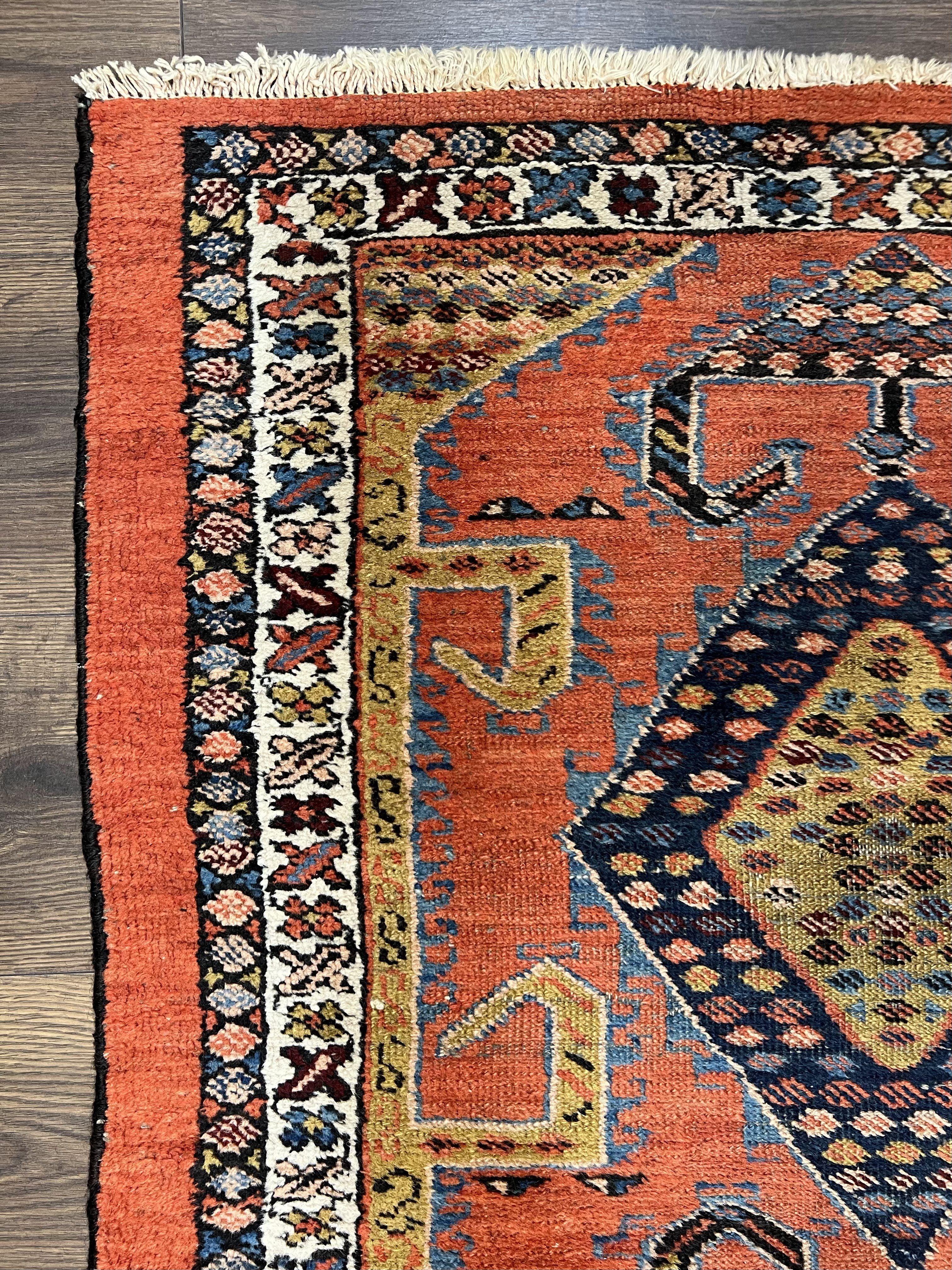 Rare Persian Tribal Runner Rug 3 x 11, Sarab Serab Persian Runner, Antique 1920s Collectible Geometric Medallions Oriental Wool Runner, Hand Knotted, Bright Orange-Red - Image 6