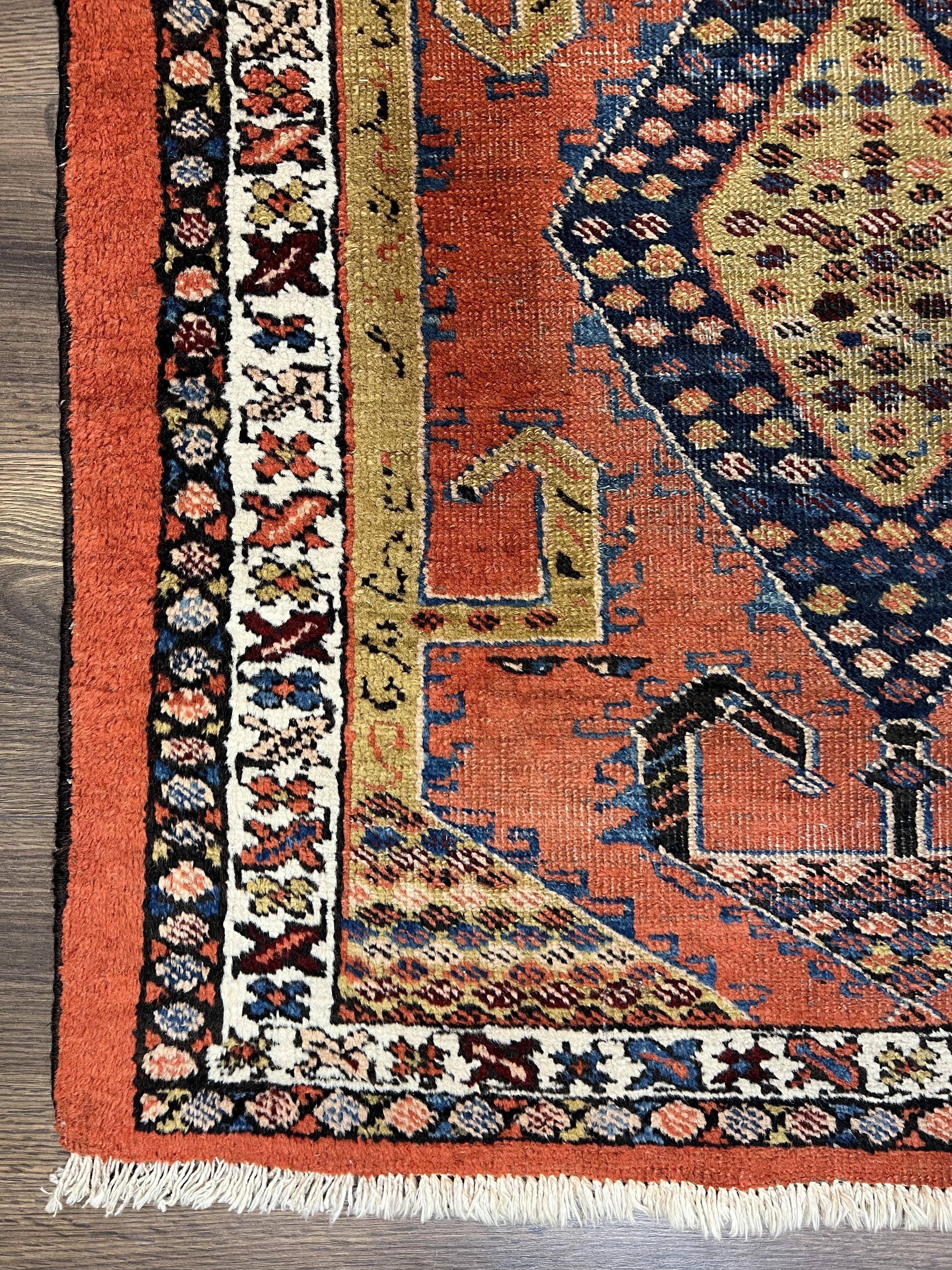 Rare Persian Tribal Runner Rug 3 x 11, Sarab Serab Persian Runner, Antique 1920s Collectible Geometric Medallions Oriental Wool Runner, Hand Knotted, Bright Orange-Red - Image 8