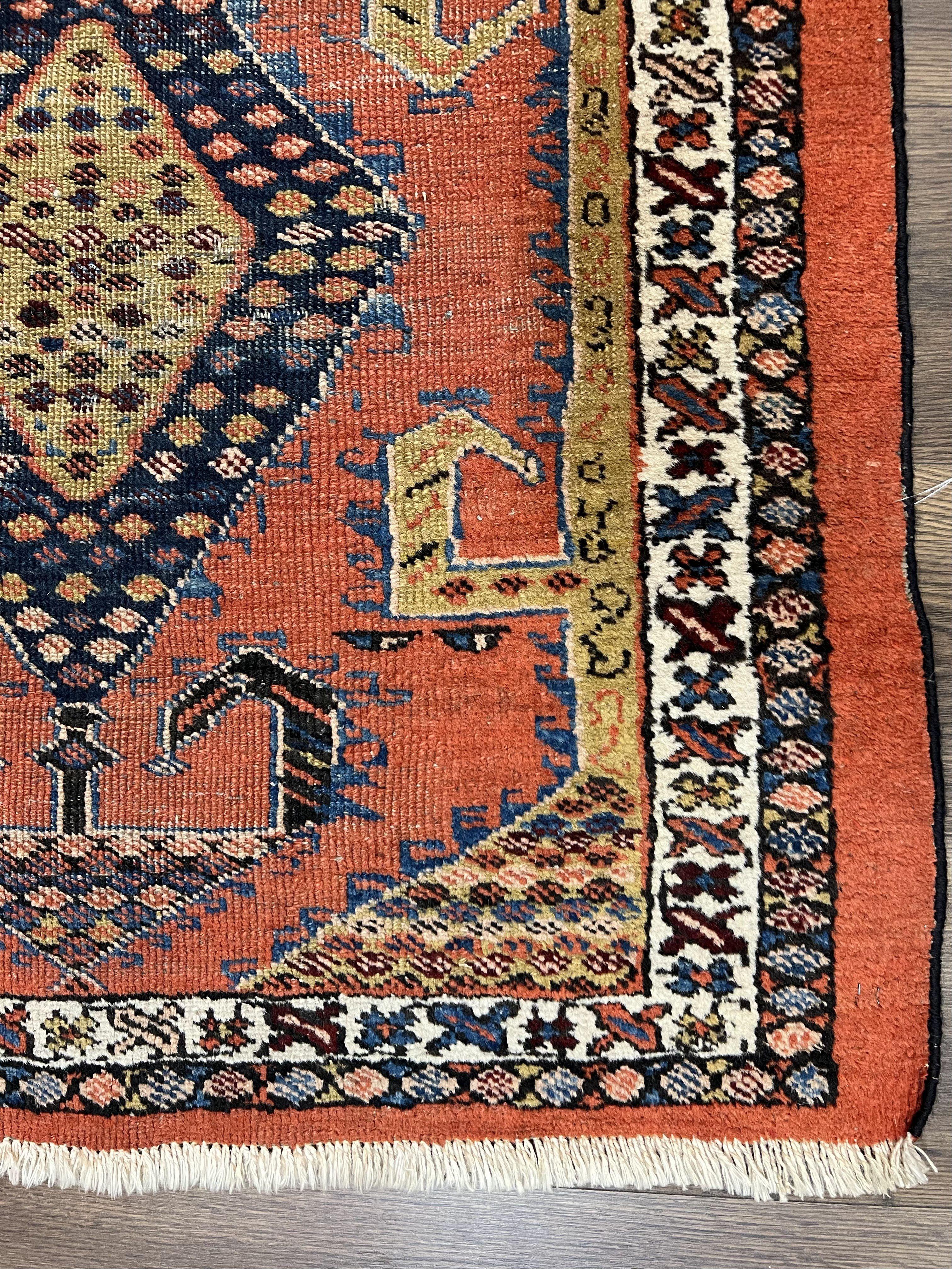 Rare Persian Tribal Runner Rug 3 x 11, Sarab Serab Persian Runner, Antique 1920s Collectible Geometric Medallions Oriental Wool Runner, Hand Knotted, Bright Orange-Red - Image 9