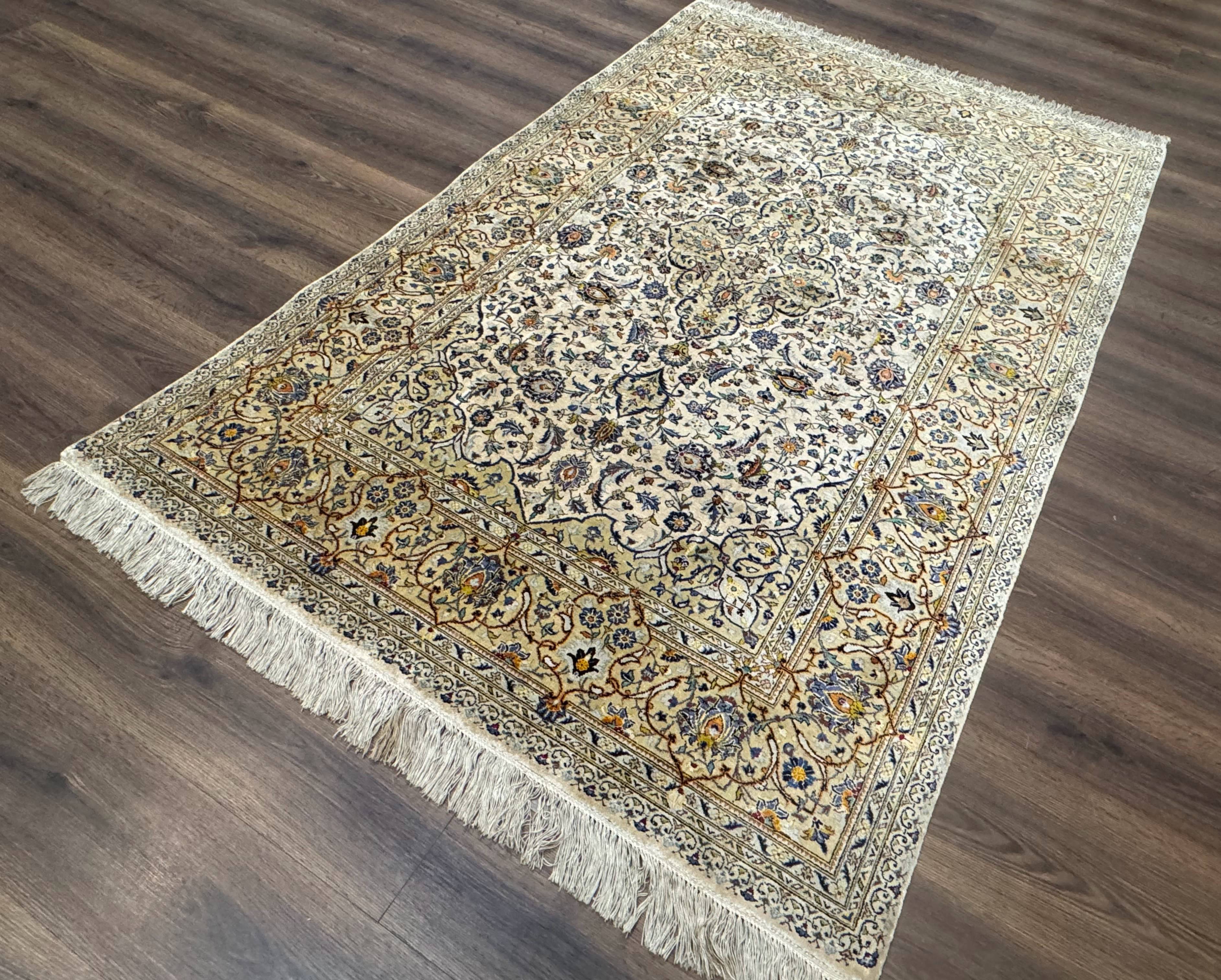 Rare Silk Persian Kashan Rug 4.6 x 7, Antique Fine 310 KPSI, Ivory - Image 2