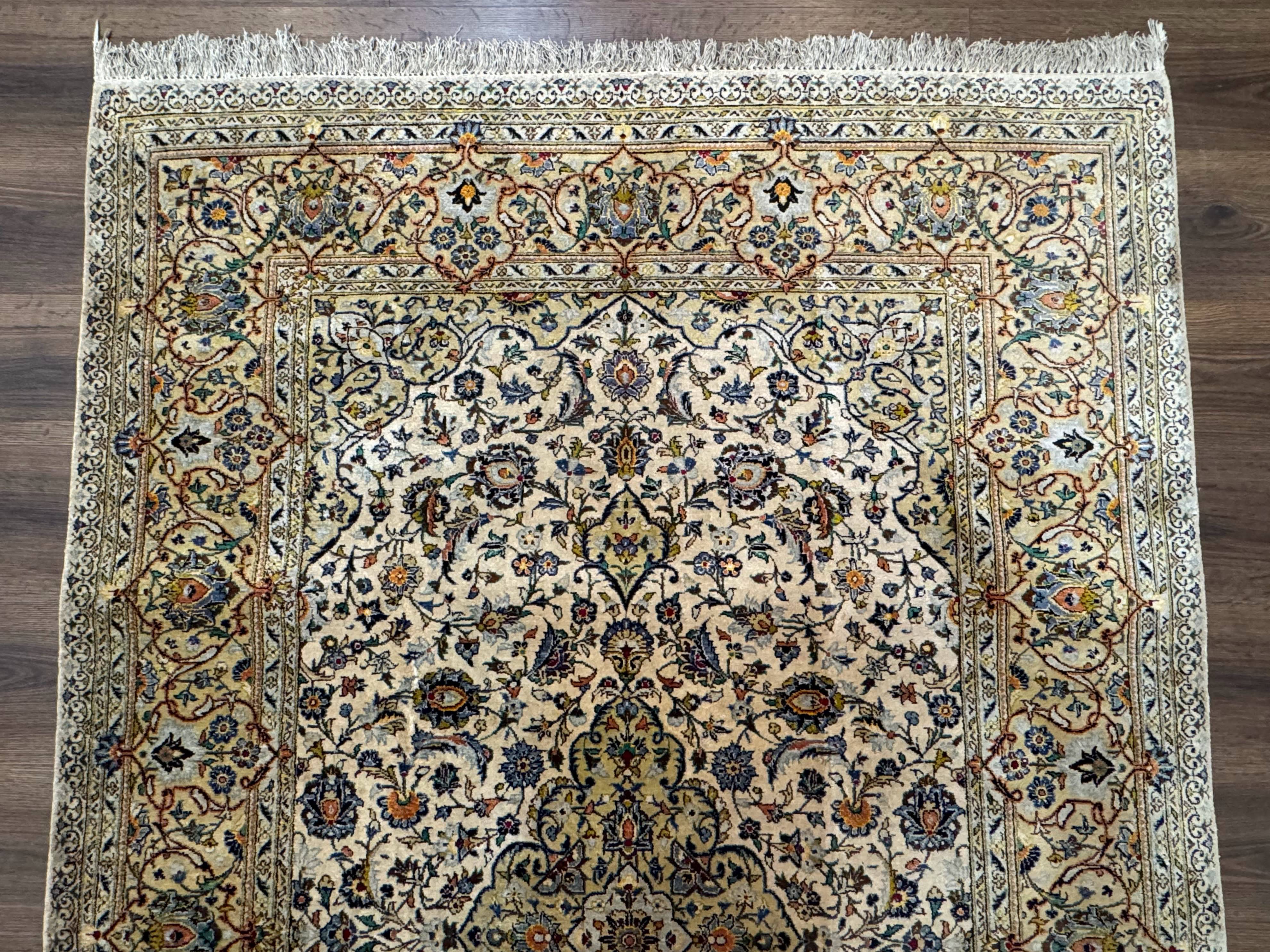 Rare Silk Persian Kashan Rug 4.6 x 7, Antique Fine 310 KPSI, Ivory - Image 3