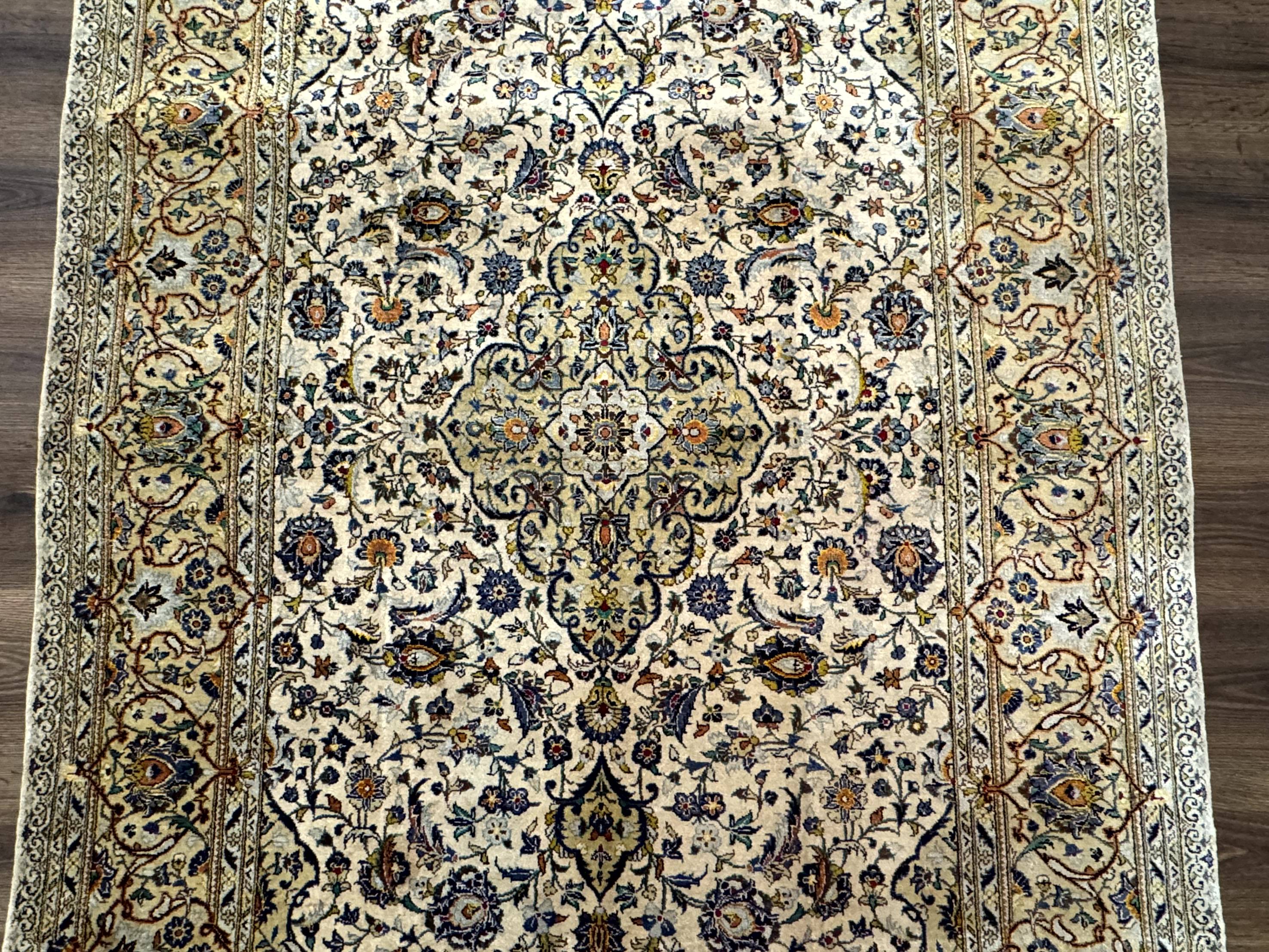 Rare Silk Persian Kashan Rug 4.6 x 7, Antique Fine 310 KPSI, Ivory - Image 4