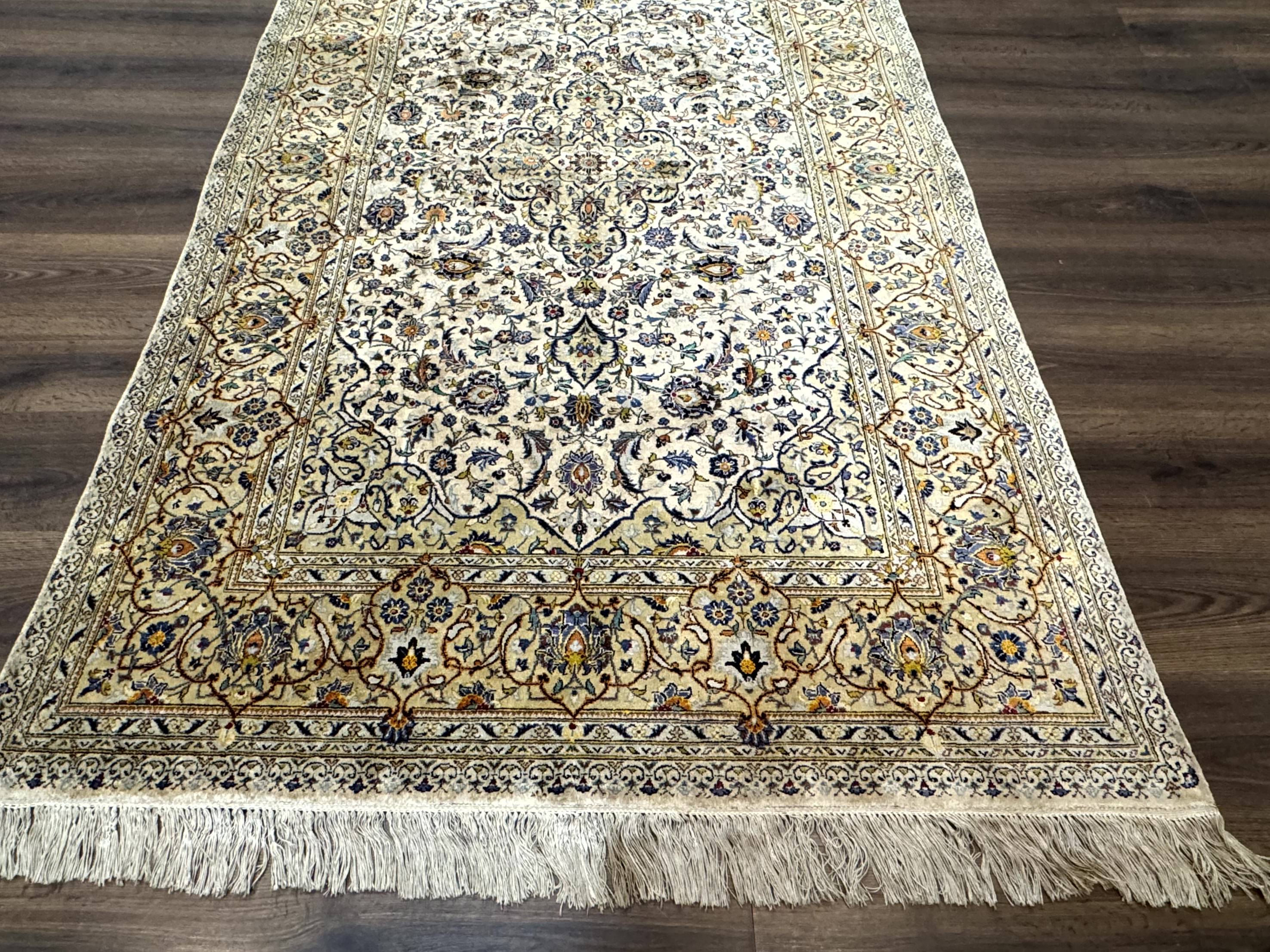 Rare Silk Persian Kashan Rug 4.6 x 7, Antique Fine 310 KPSI, Ivory - Image 5