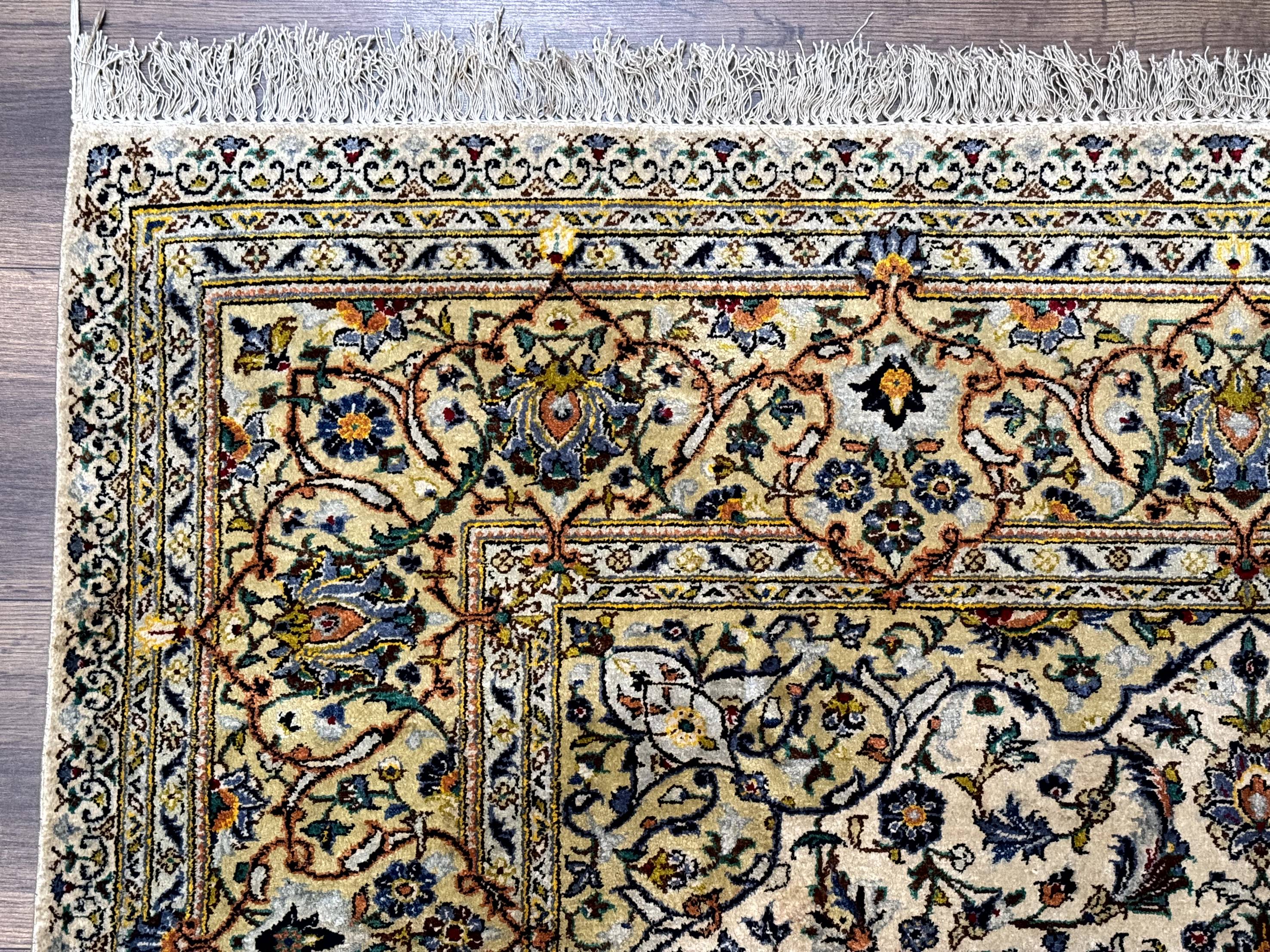 Rare Silk Persian Kashan Rug 4.6 x 7, Antique Fine 310 KPSI, Ivory - Image 6