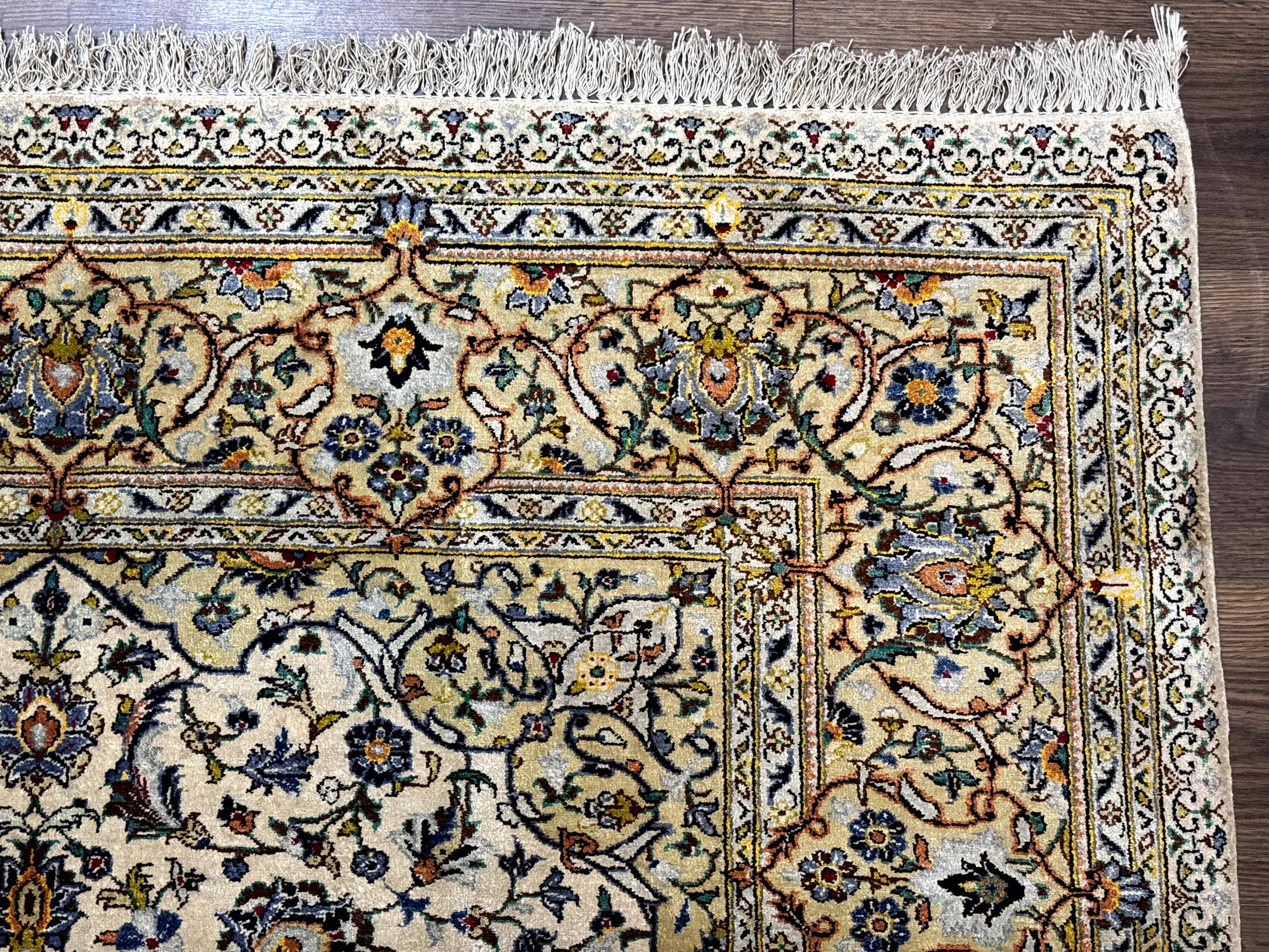 Rare Silk Persian Kashan Rug 4.6 x 7, Antique Fine 310 KPSI, Ivory - Image 7