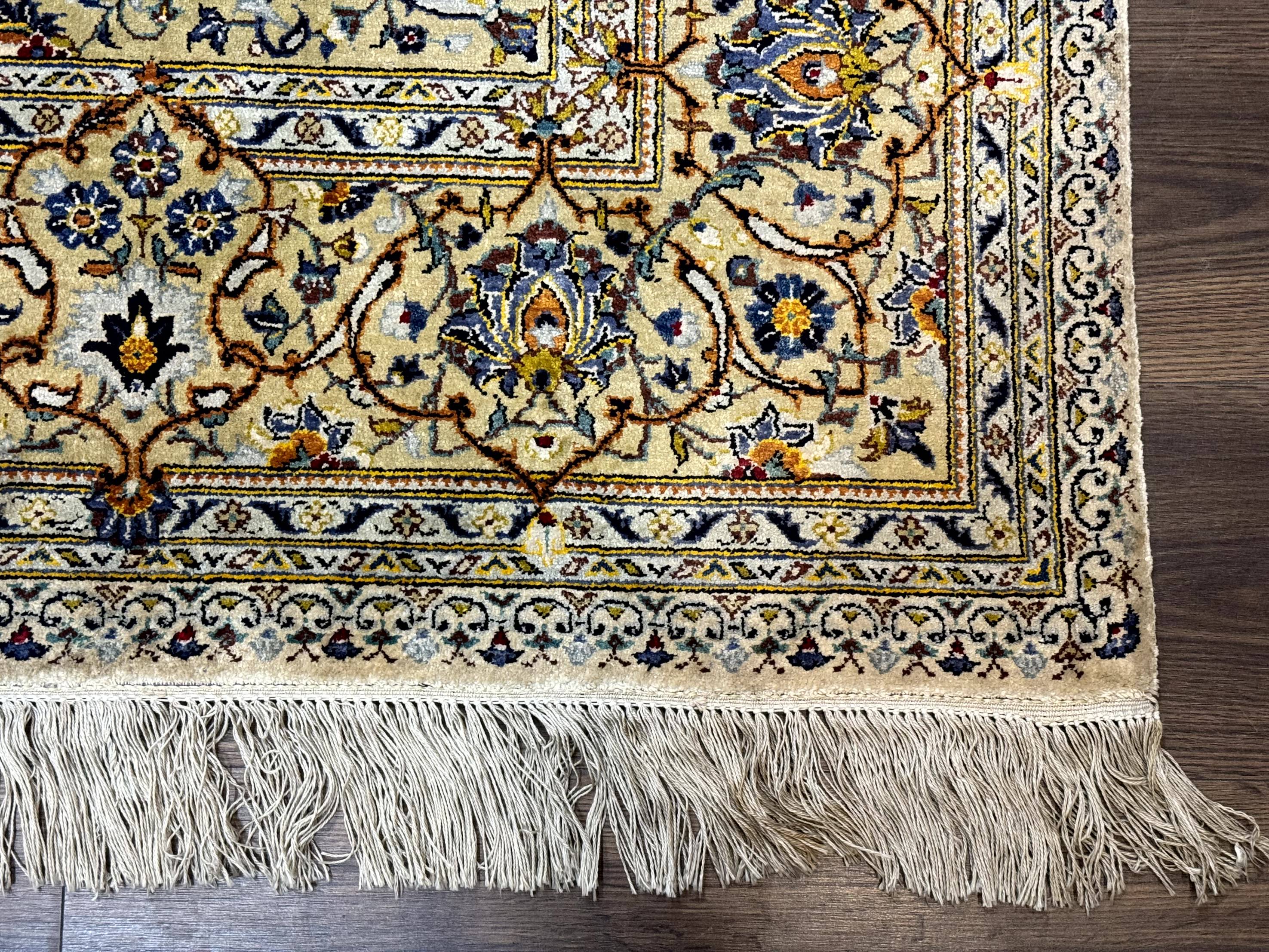 Rare Silk Persian Kashan Rug 4.6 x 7, Antique Fine 310 KPSI, Ivory - Image 9