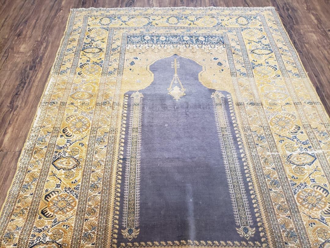 Rare Turkish Ghiordes Prayer Rug 4 x 5.8 ft, Late 19th Century Turkish Oriental Carpet, Mehrab Antique Prayer Rug, Museum Quality, Blue, Tan - Image 2
