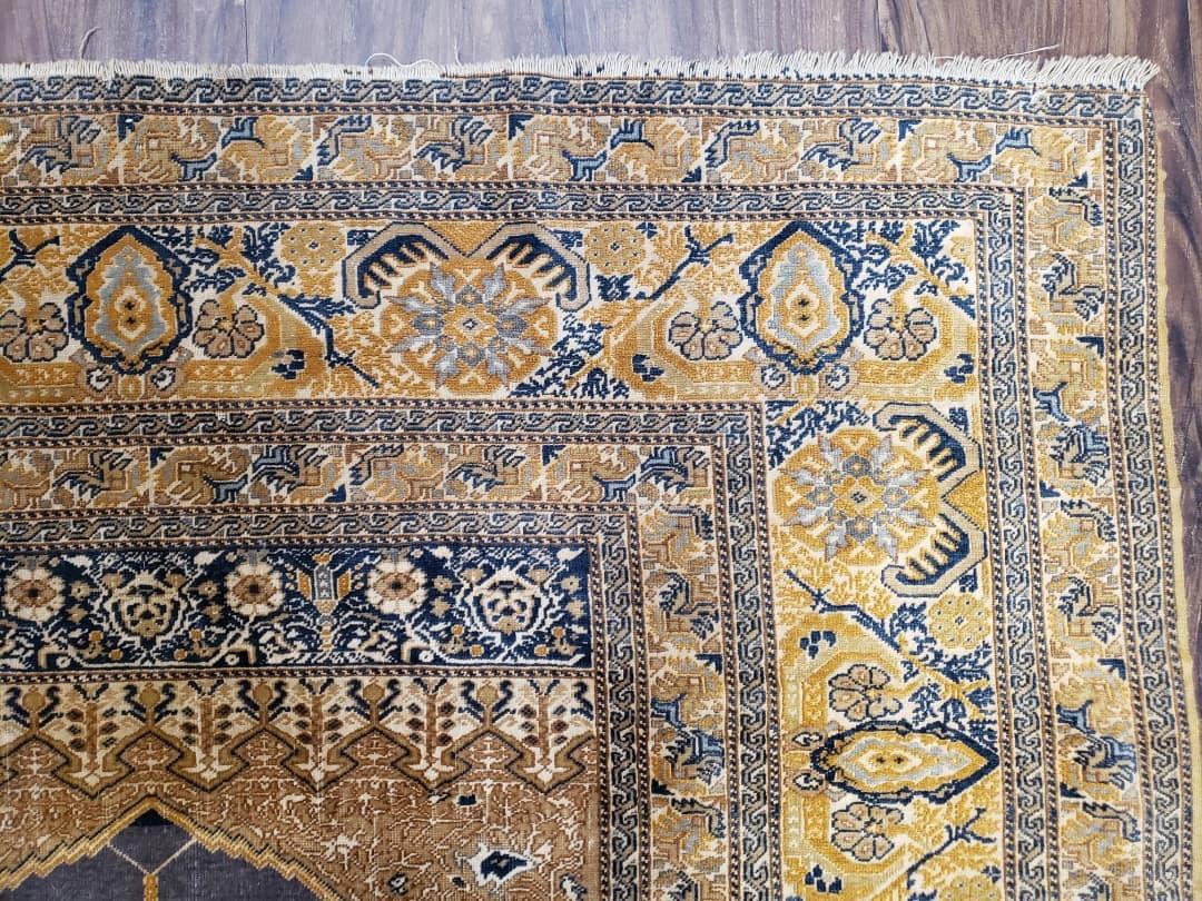 Rare Turkish Ghiordes Prayer Rug 4 x 5.8 ft, Late 19th Century Turkish Oriental Carpet, Mehrab Antique Prayer Rug, Museum Quality, Blue, Tan - Image 6