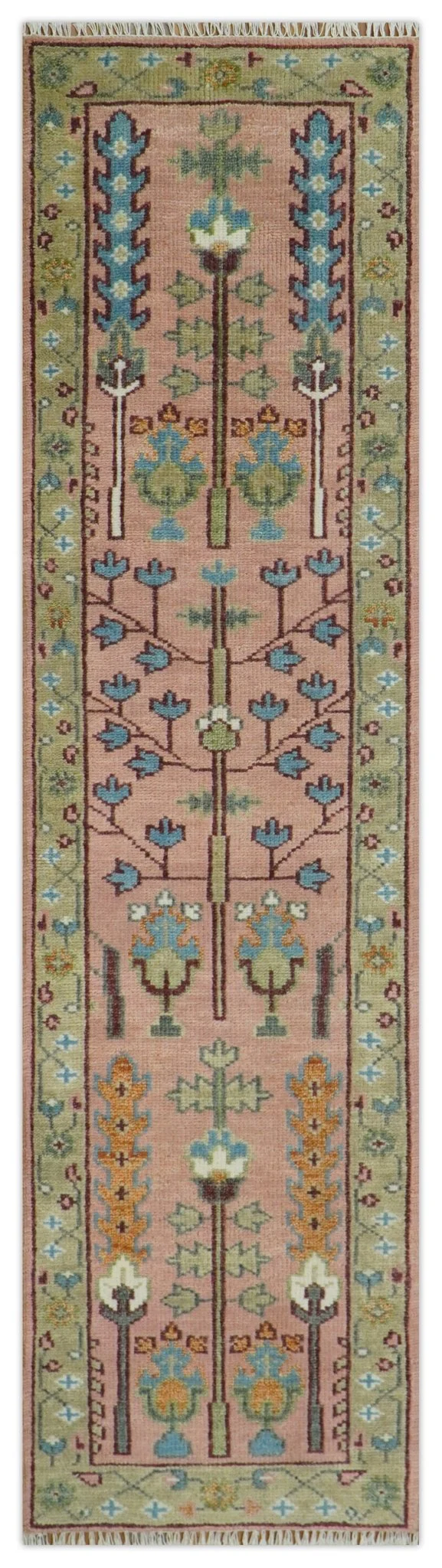 Ready to Ship Pink, Olive and Beige Traditional Vintage Style Tree Wool Rug - Image 19