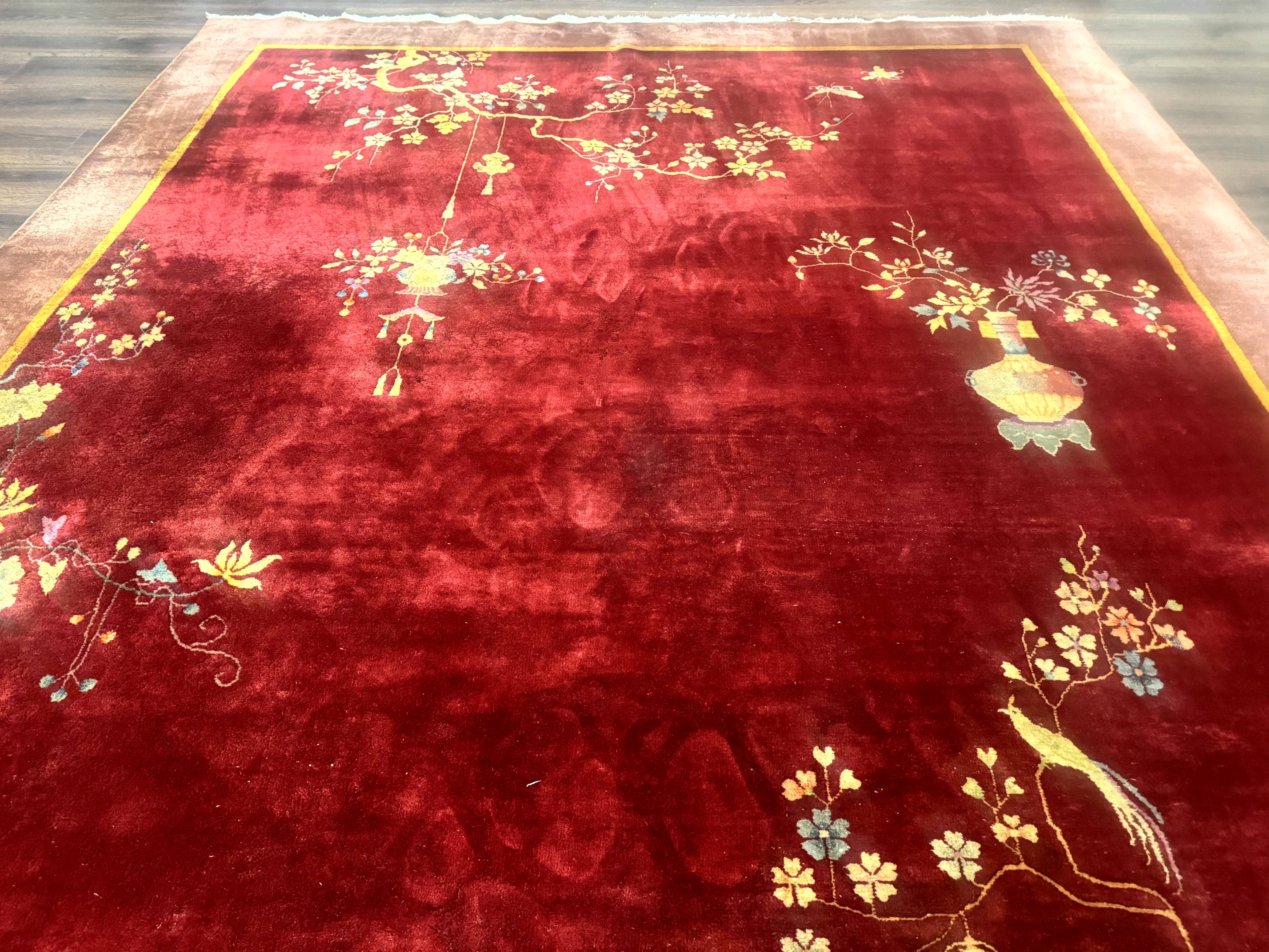 Red Chinese Art Deco Rug 9x11, Simple Design, Wool Chinese Area Rug, Antique - Image 11