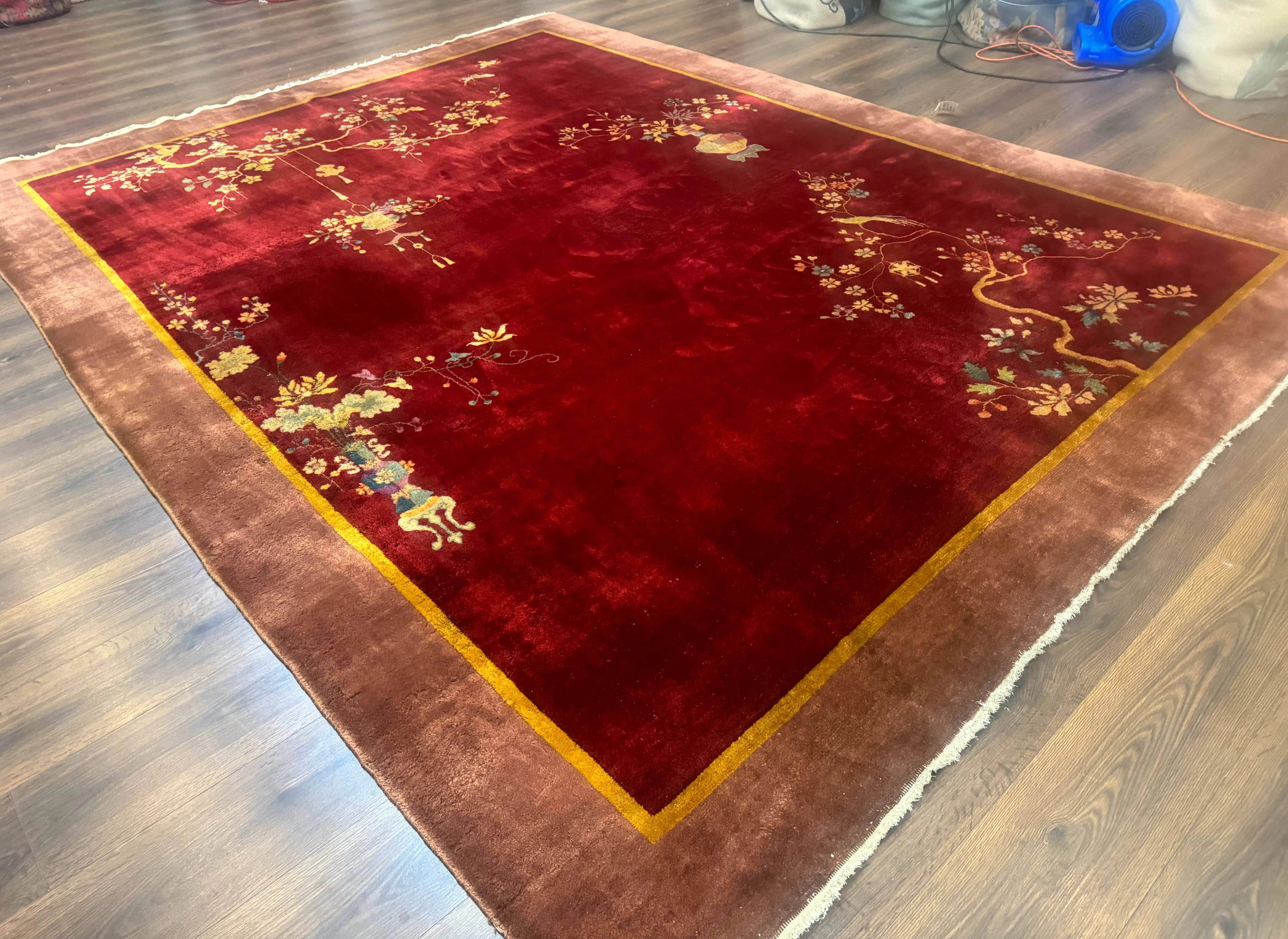 Red Chinese Art Deco Rug 9x11, Simple Design, Wool Chinese Area Rug, Antique - Image 12