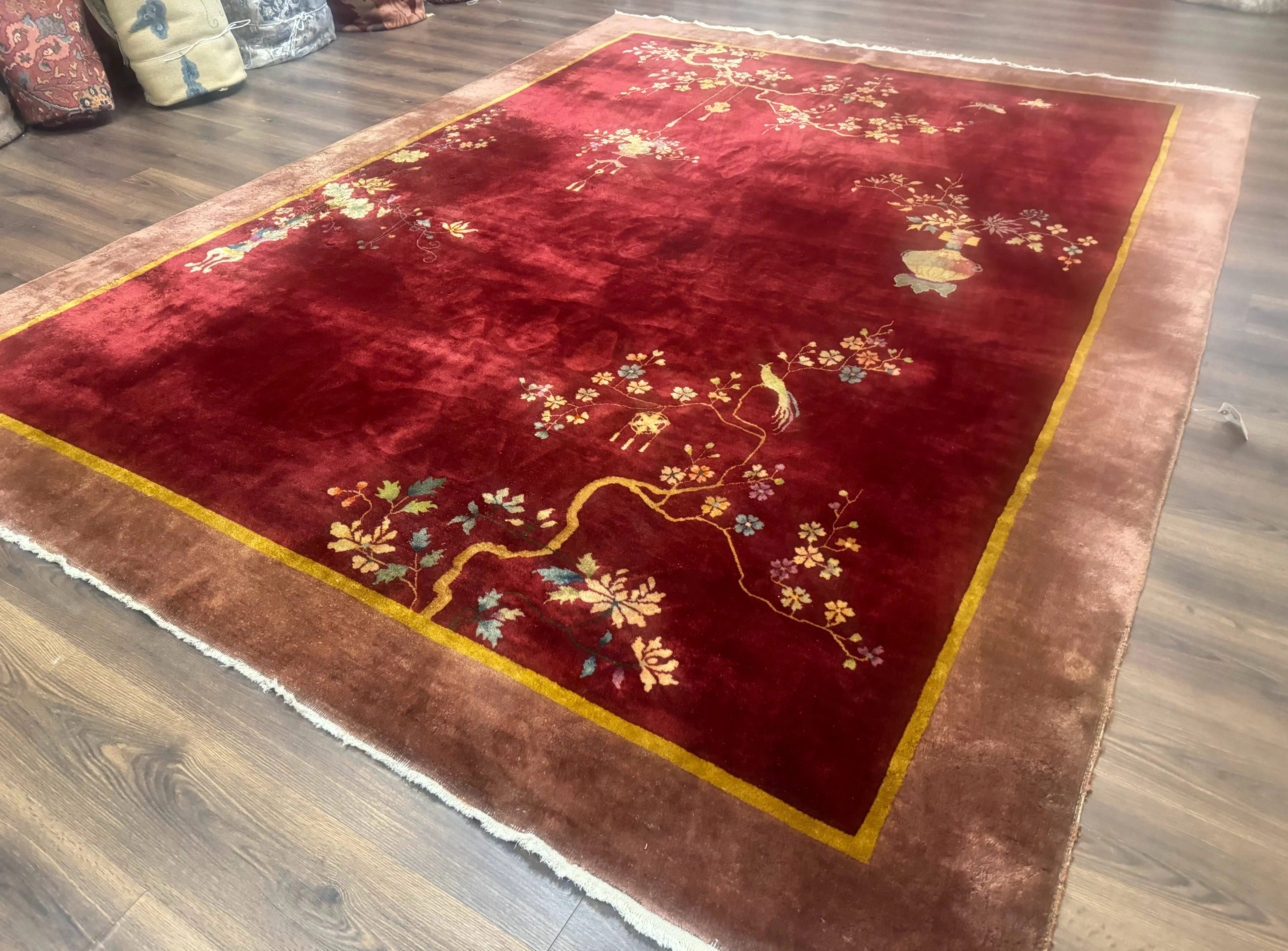 Red Chinese Art Deco Rug 9x11, Simple Design, Wool Chinese Area Rug, Antique - Image 2
