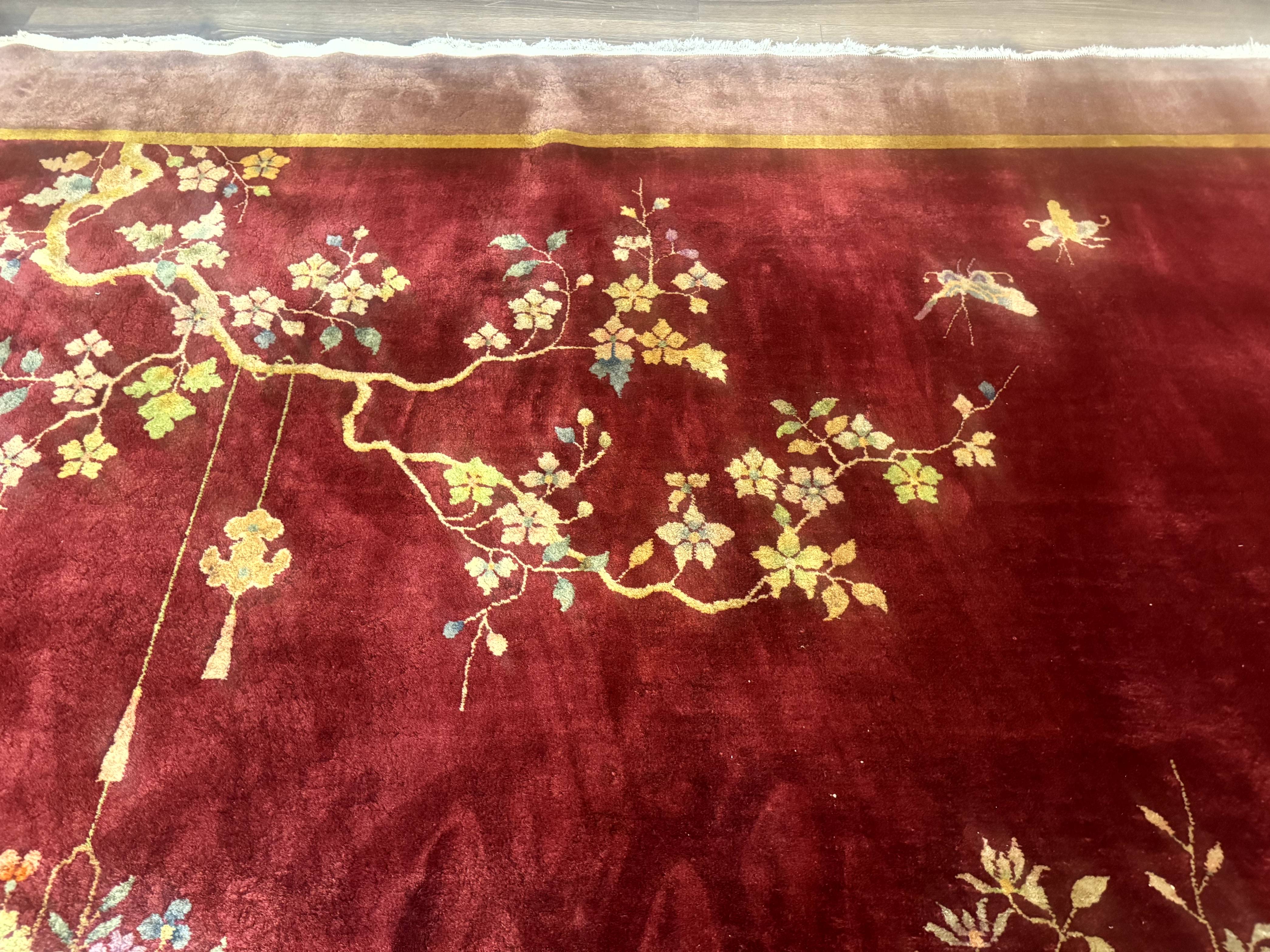 Red Chinese Art Deco Rug 9x11, Simple Design, Wool Chinese Area Rug, Antique - Image 3