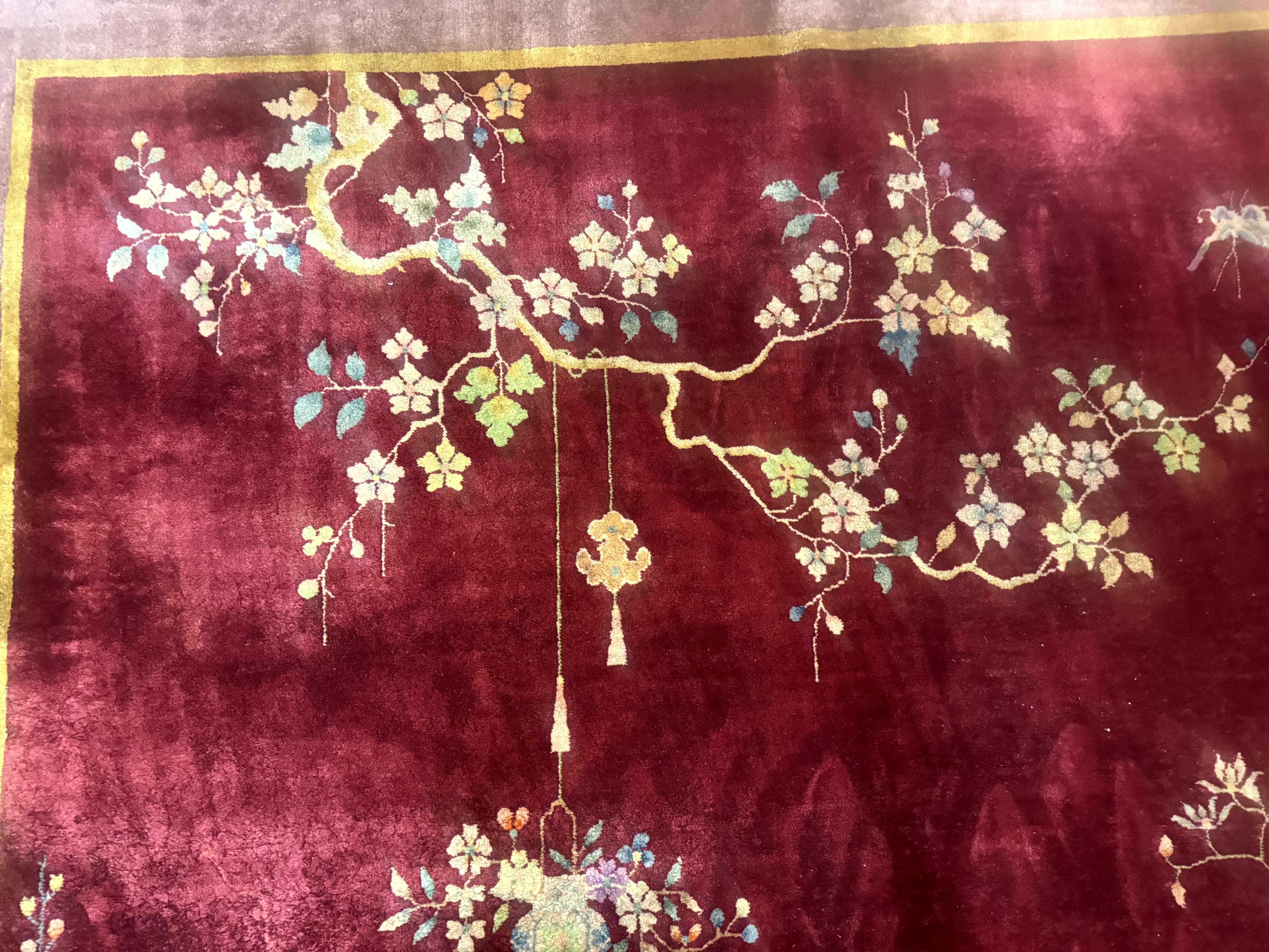 Red Chinese Art Deco Rug 9x11, Simple Design, Wool Chinese Area Rug, Antique - Image 4